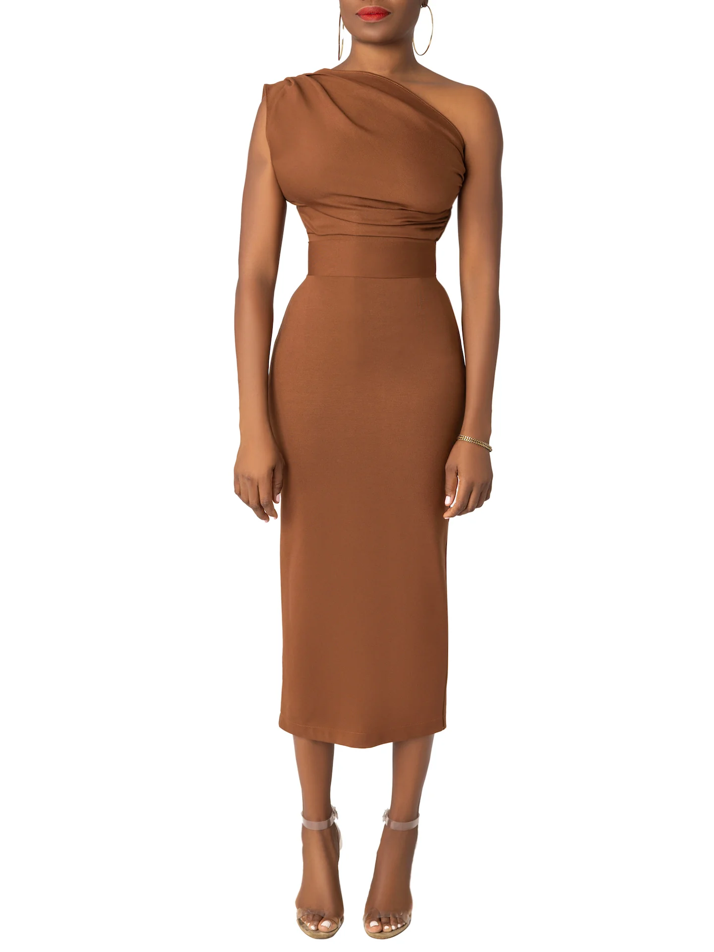 “Adara” Brown One Shoulder Dress - Image 4