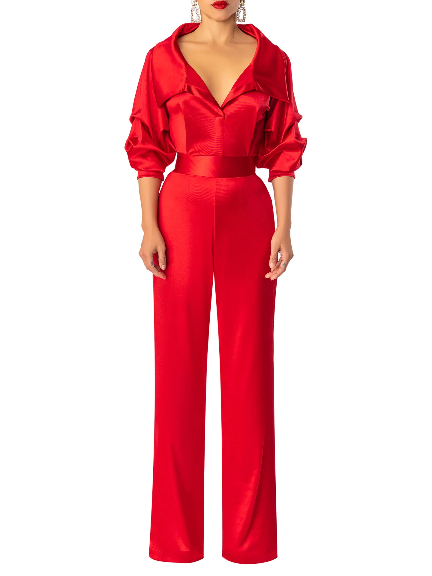 "Almandine" Red Off Shoulder Jumpsuit - Image 3