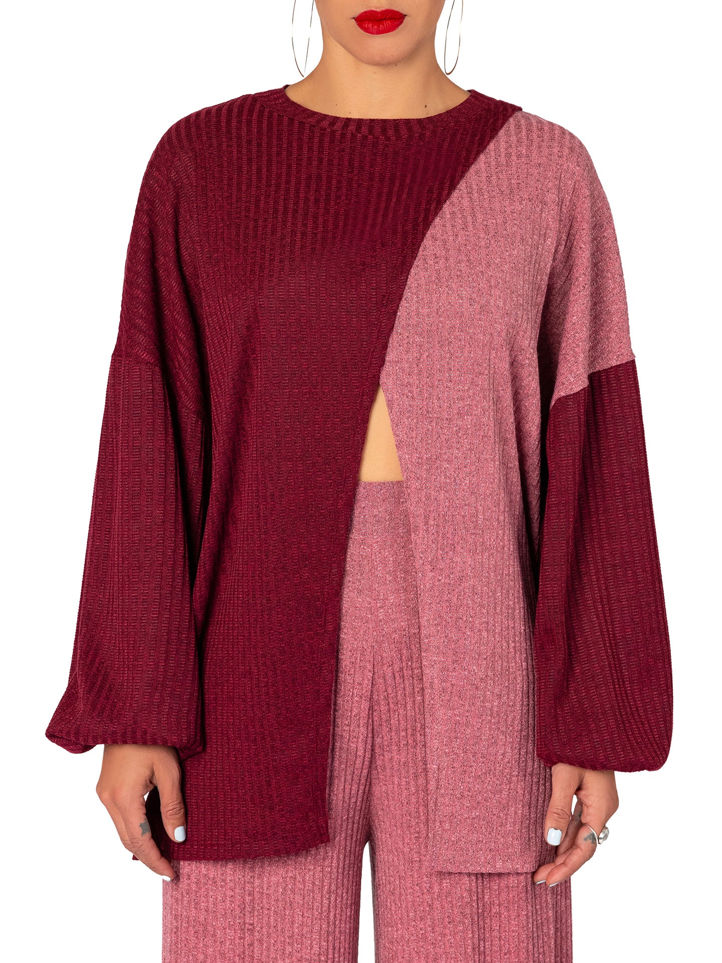 "Amal" Mauve/Burgundy Color Block Top - Image 3