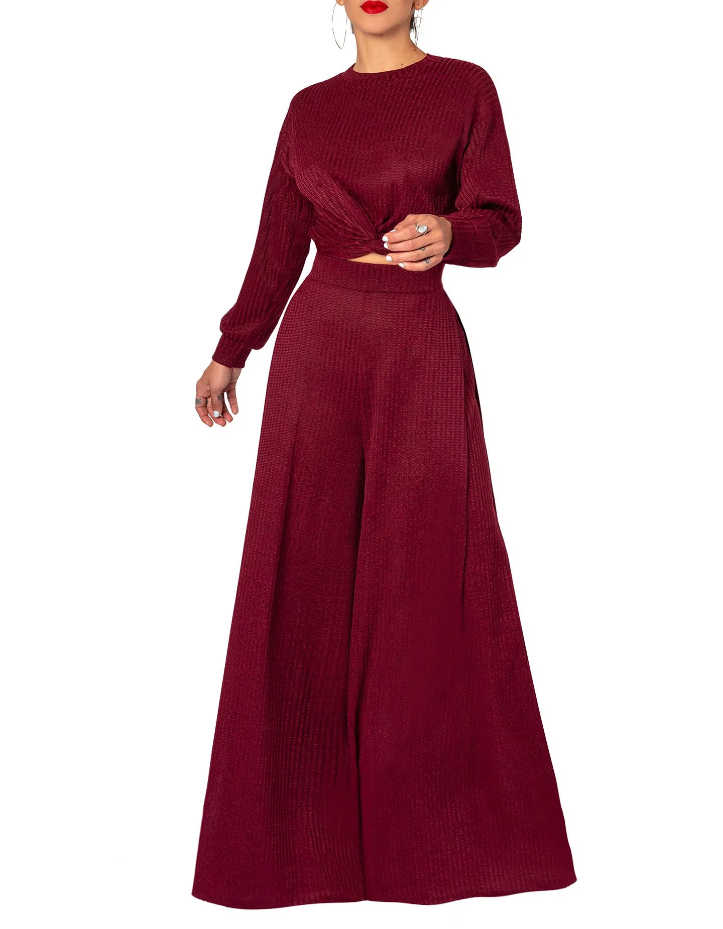 "Angela" Burgundy Sweater Wide Leg Pants - Image 3