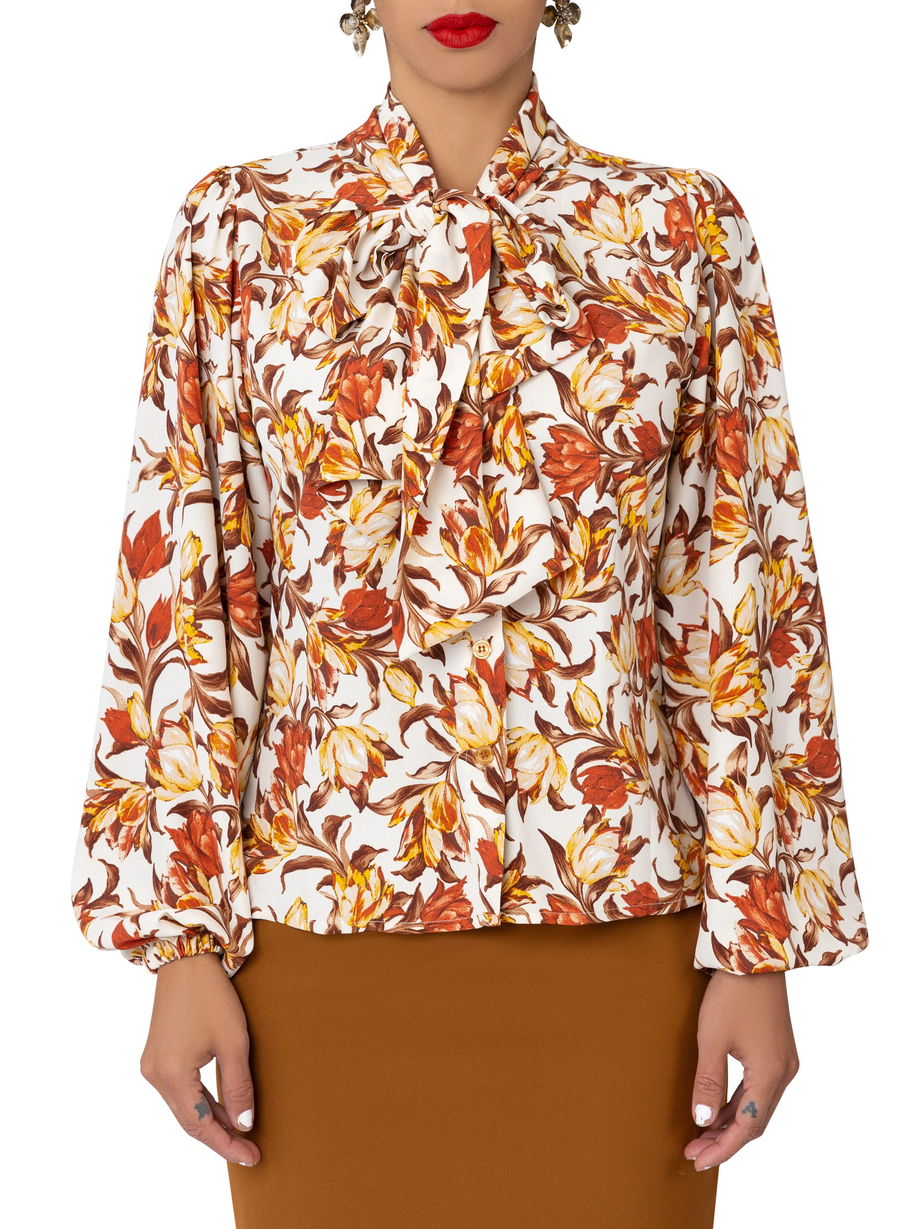 "Apricot" Floral Pussybow Top - Image 3