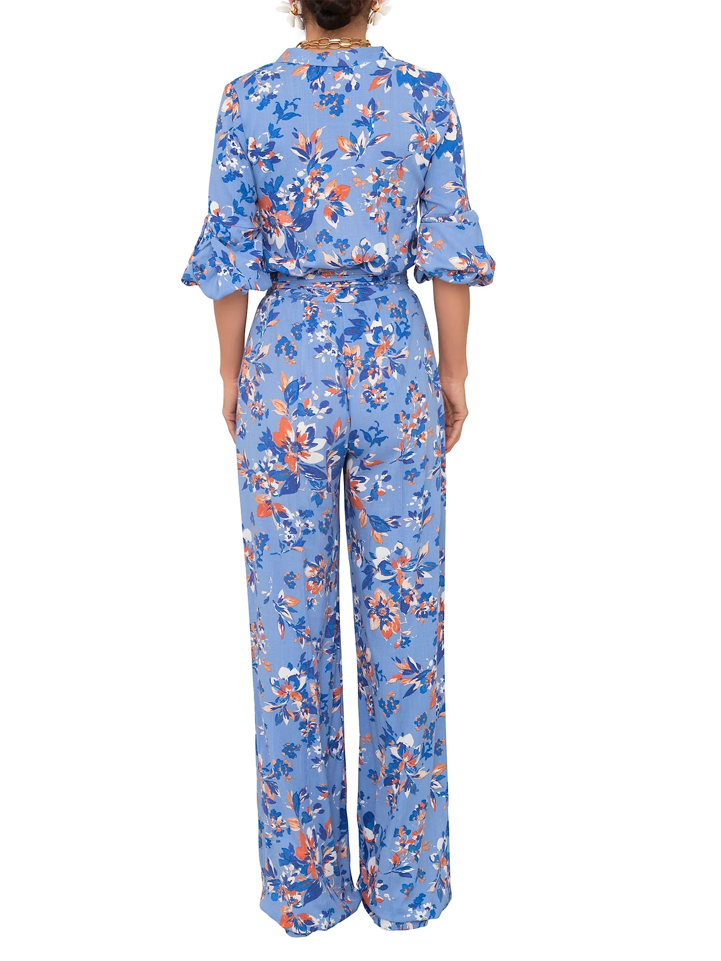 “April” Blue Floral Button-Down Jumpsuit - Image 6
