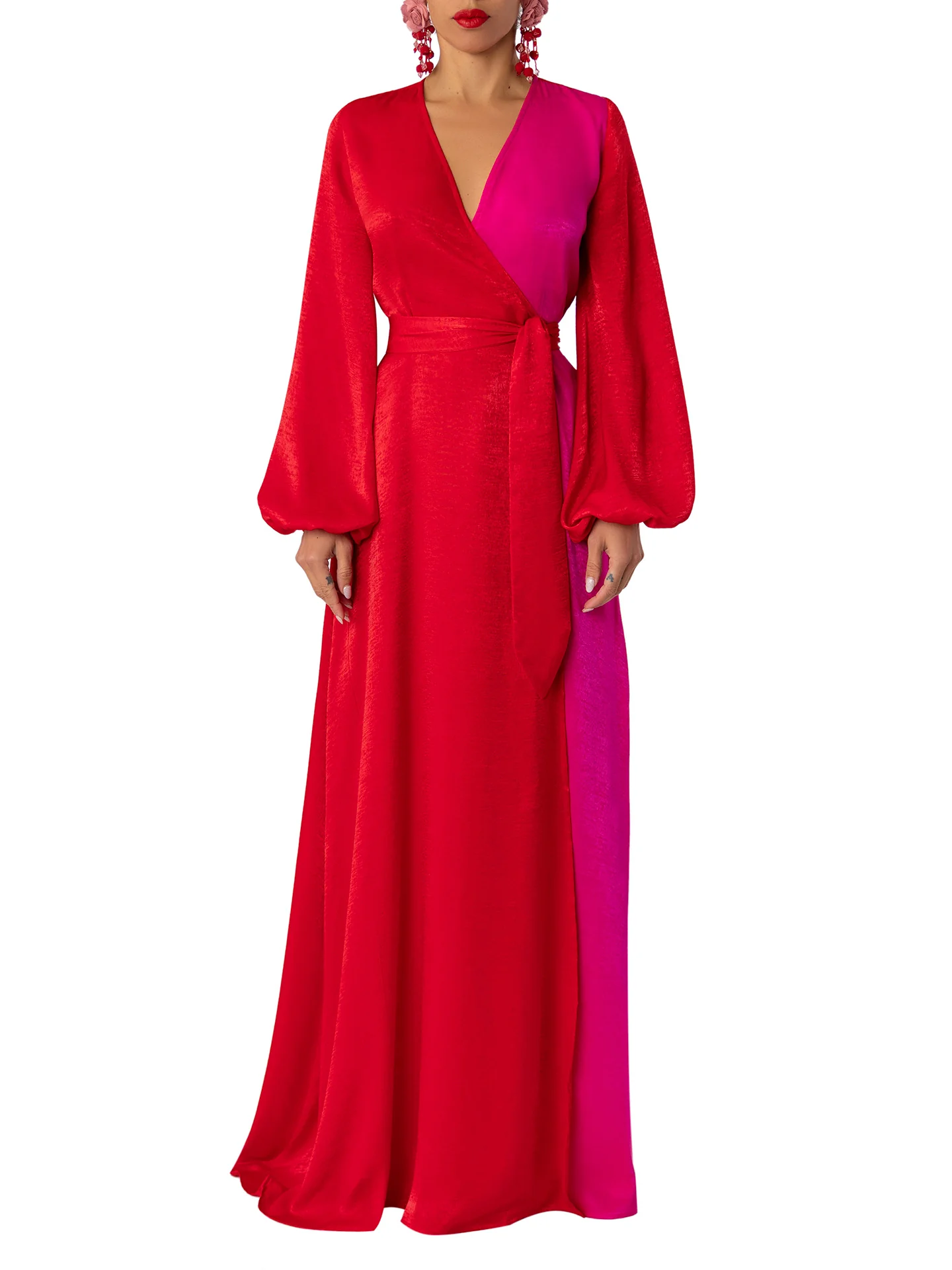 “Ara” Red/Magenta Colorblock Wrap Dress - Image 5