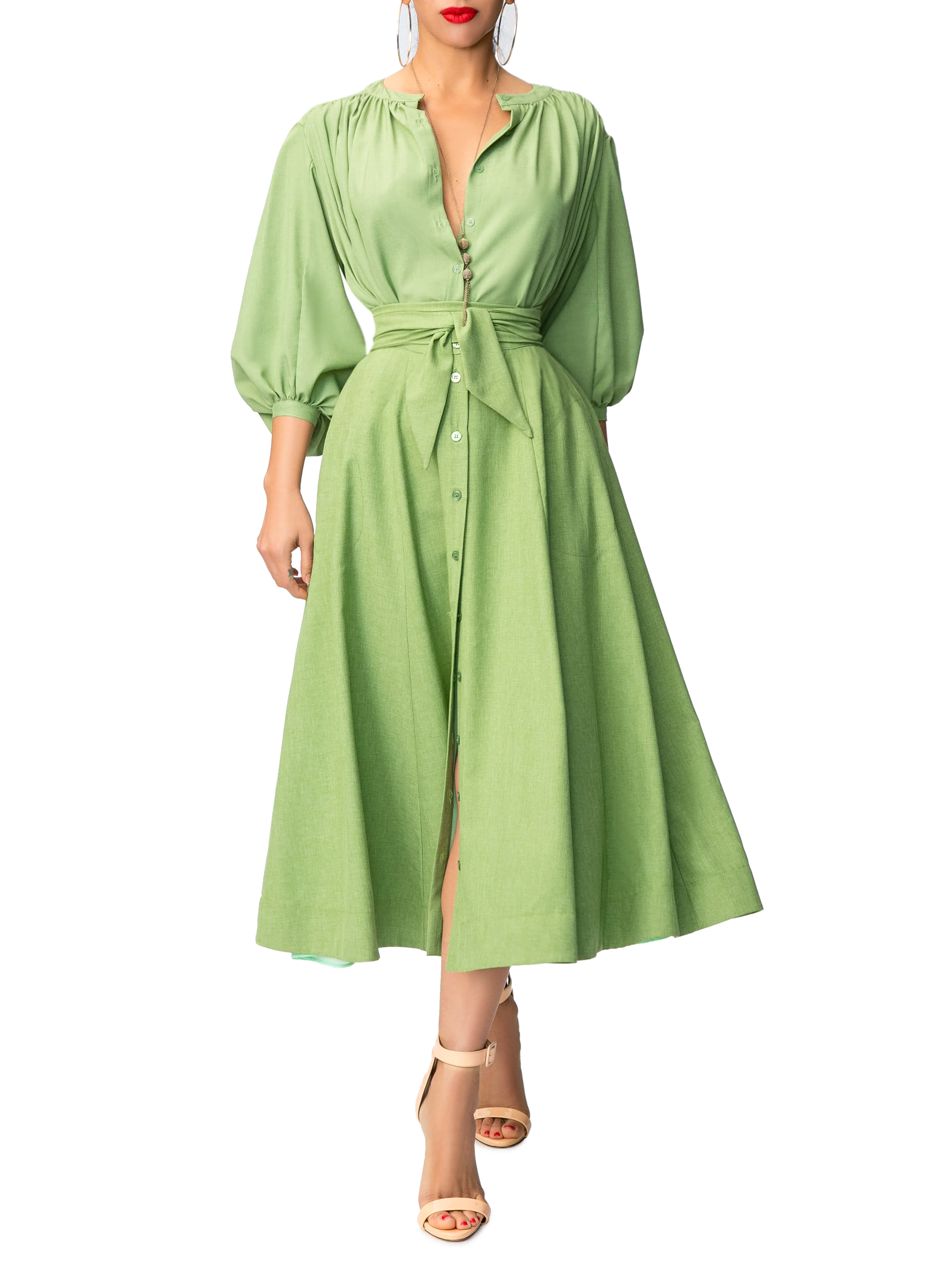 "Aretha" Belted Green Button-Down Skirt - Image 2