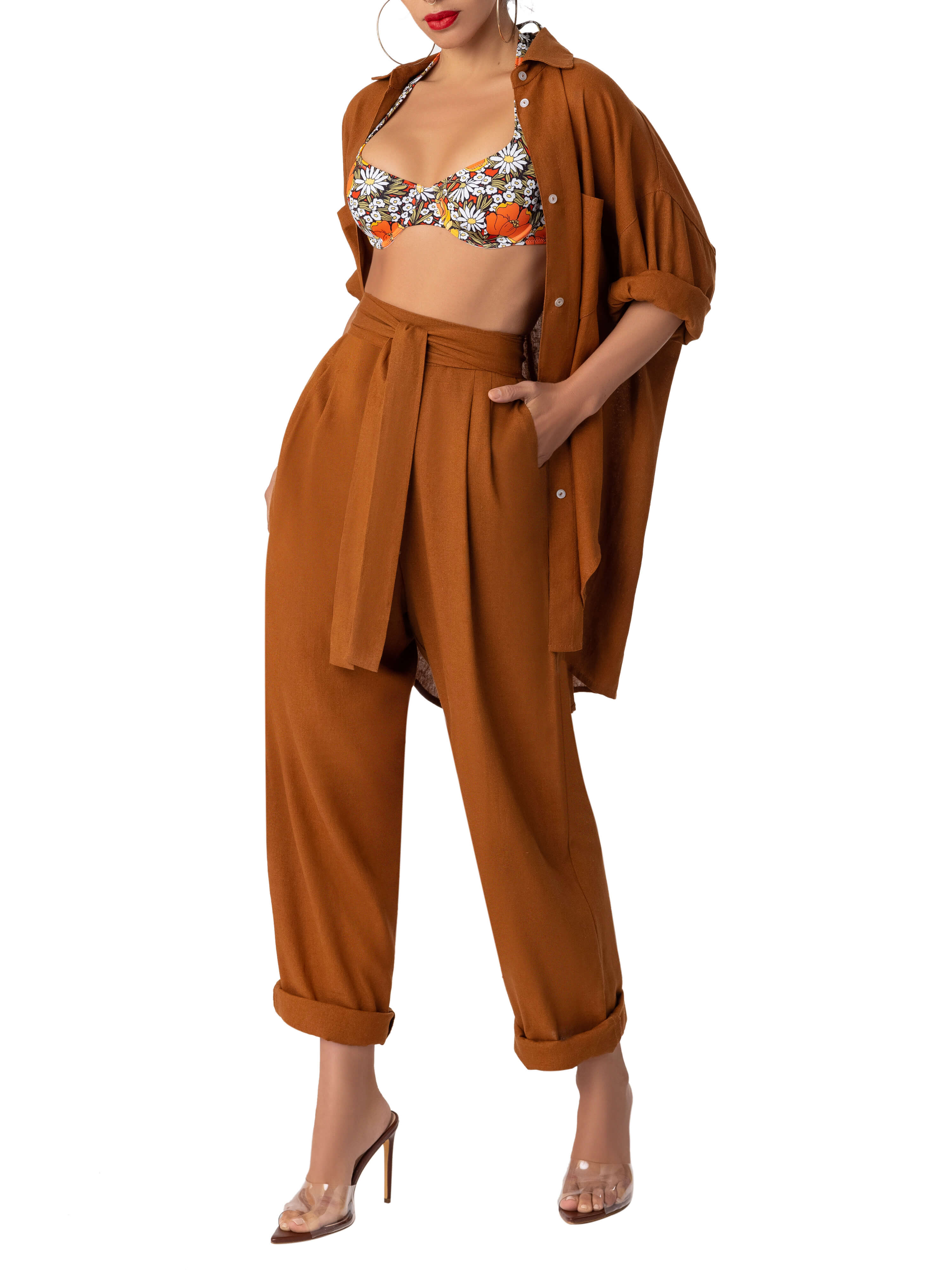 "Aria" Cognac Oversized Button-Down Top - Image 3