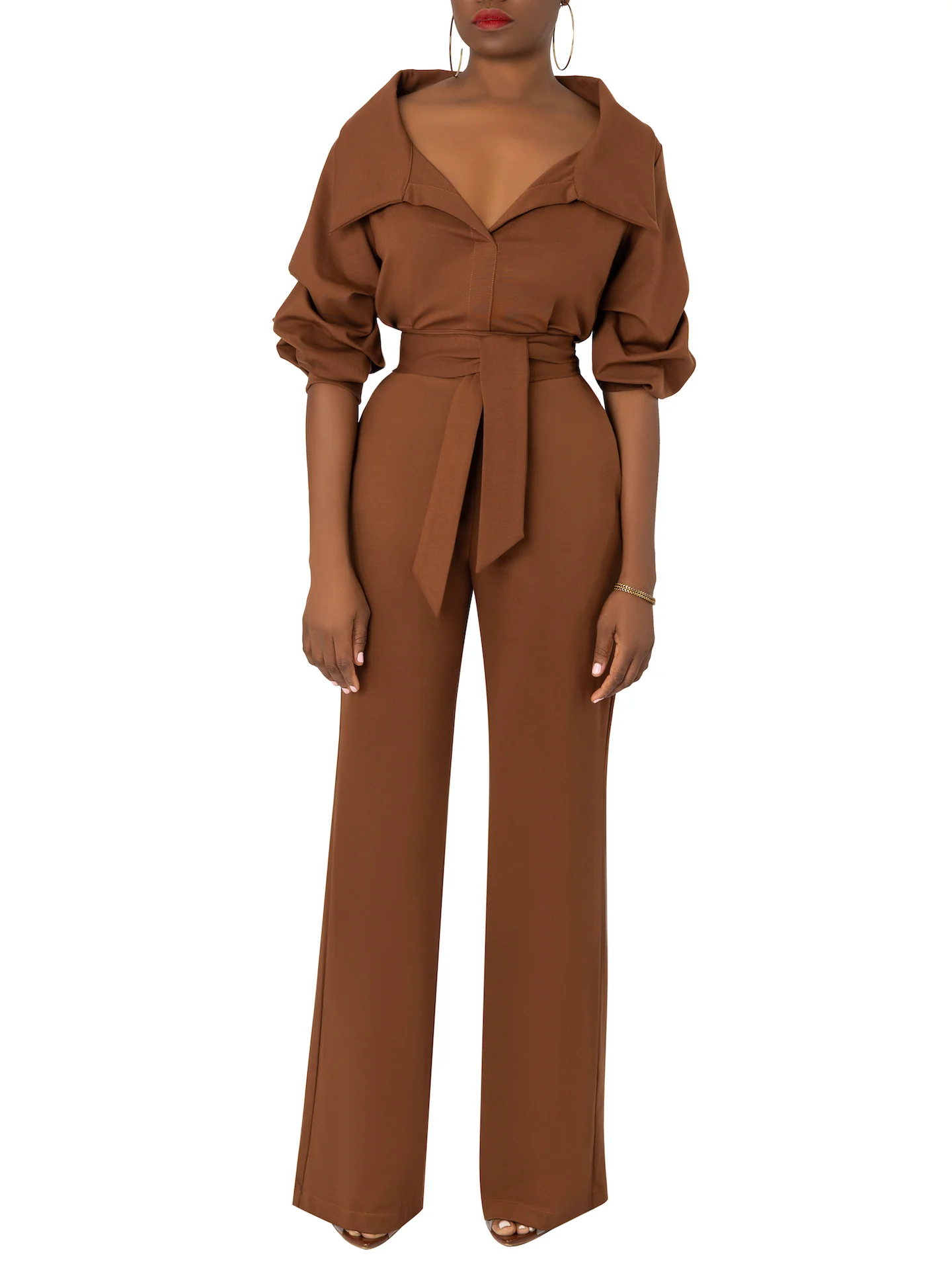 "Arianna" Brown Collared Jumpsuit - Image 4