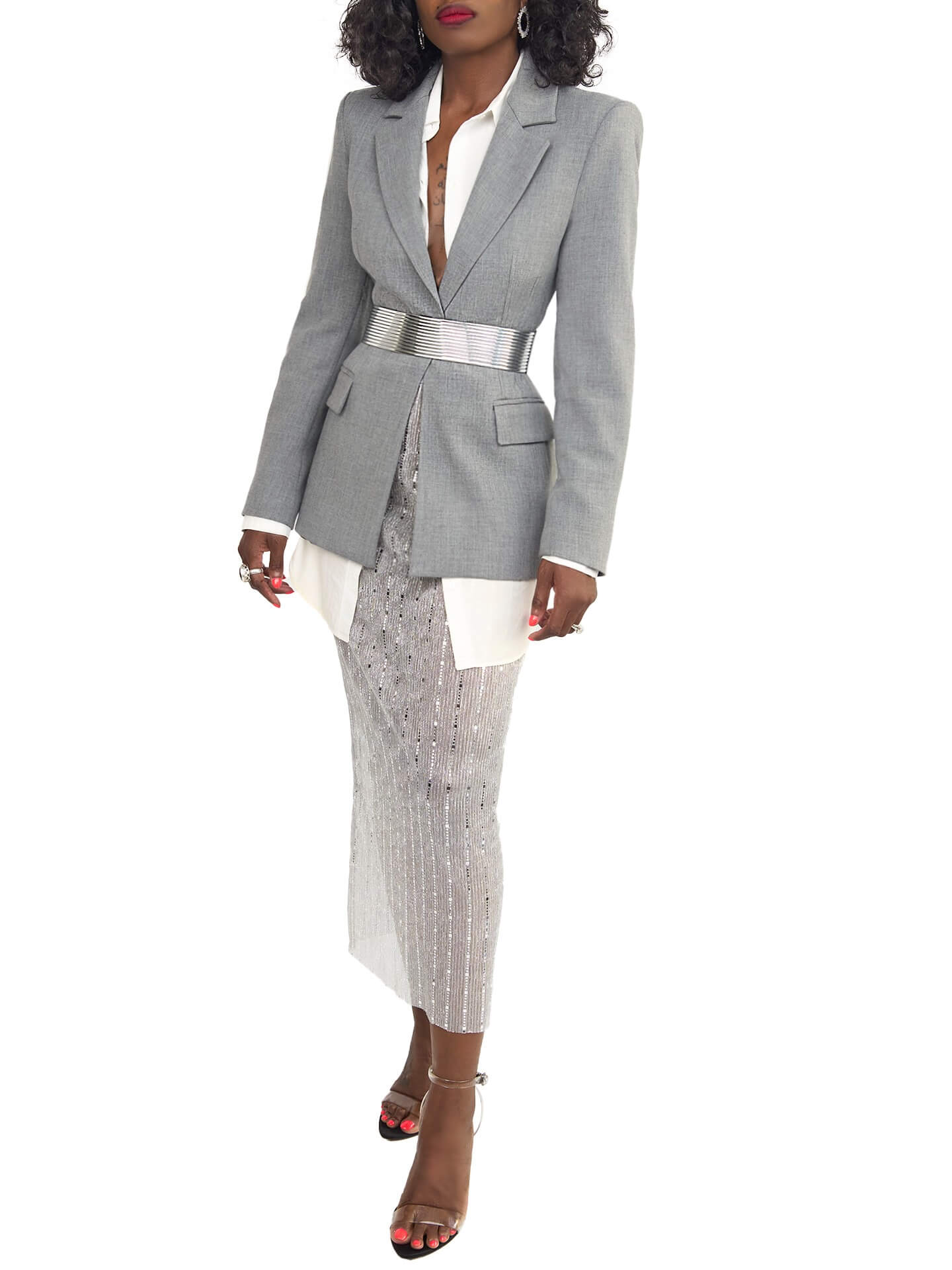 "Arlington" Silver Pencil See Through Skirt - Image 3