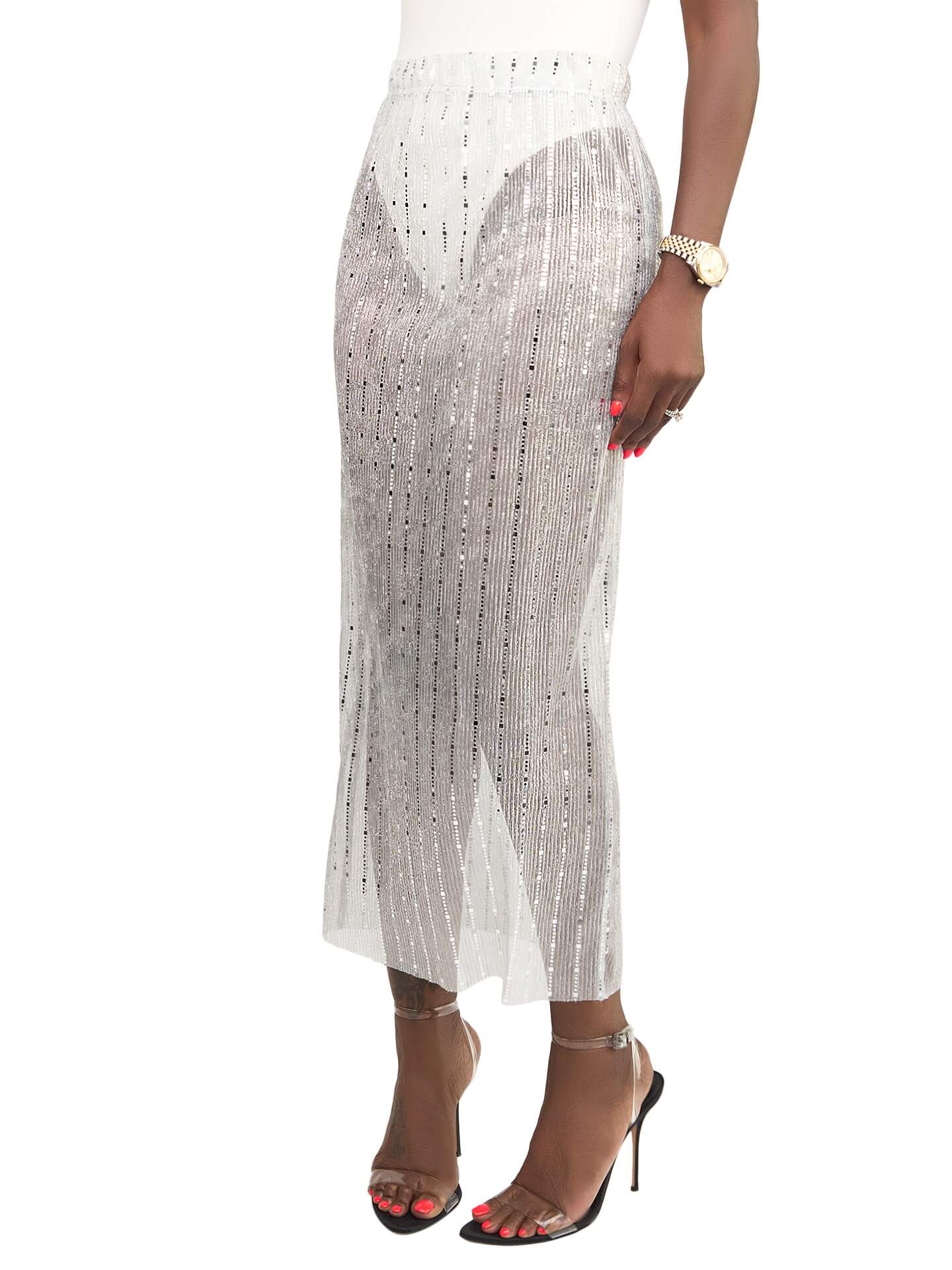 "Arlington" Silver Pencil See Through Skirt - Image 4