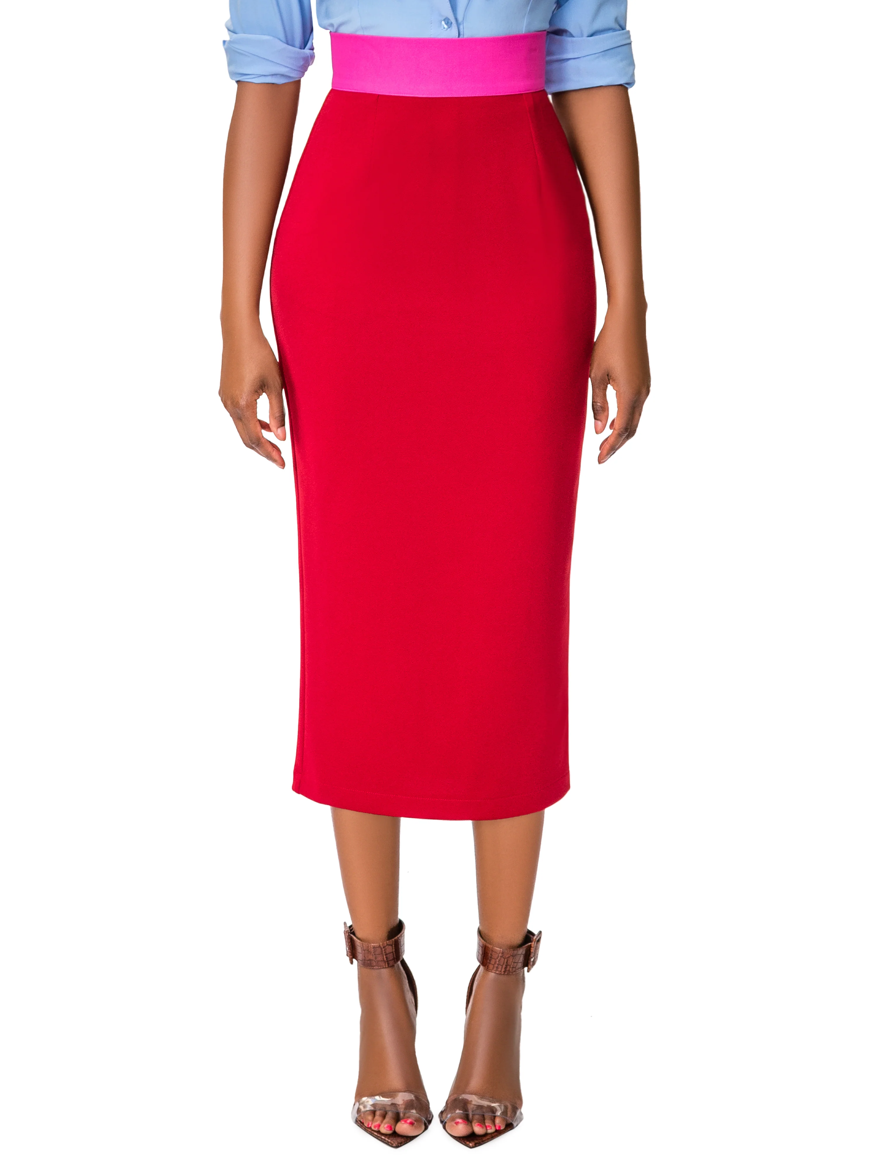 "Avonda" Red/Magenta Contrast Waist Pencil Skirt - Image 4
