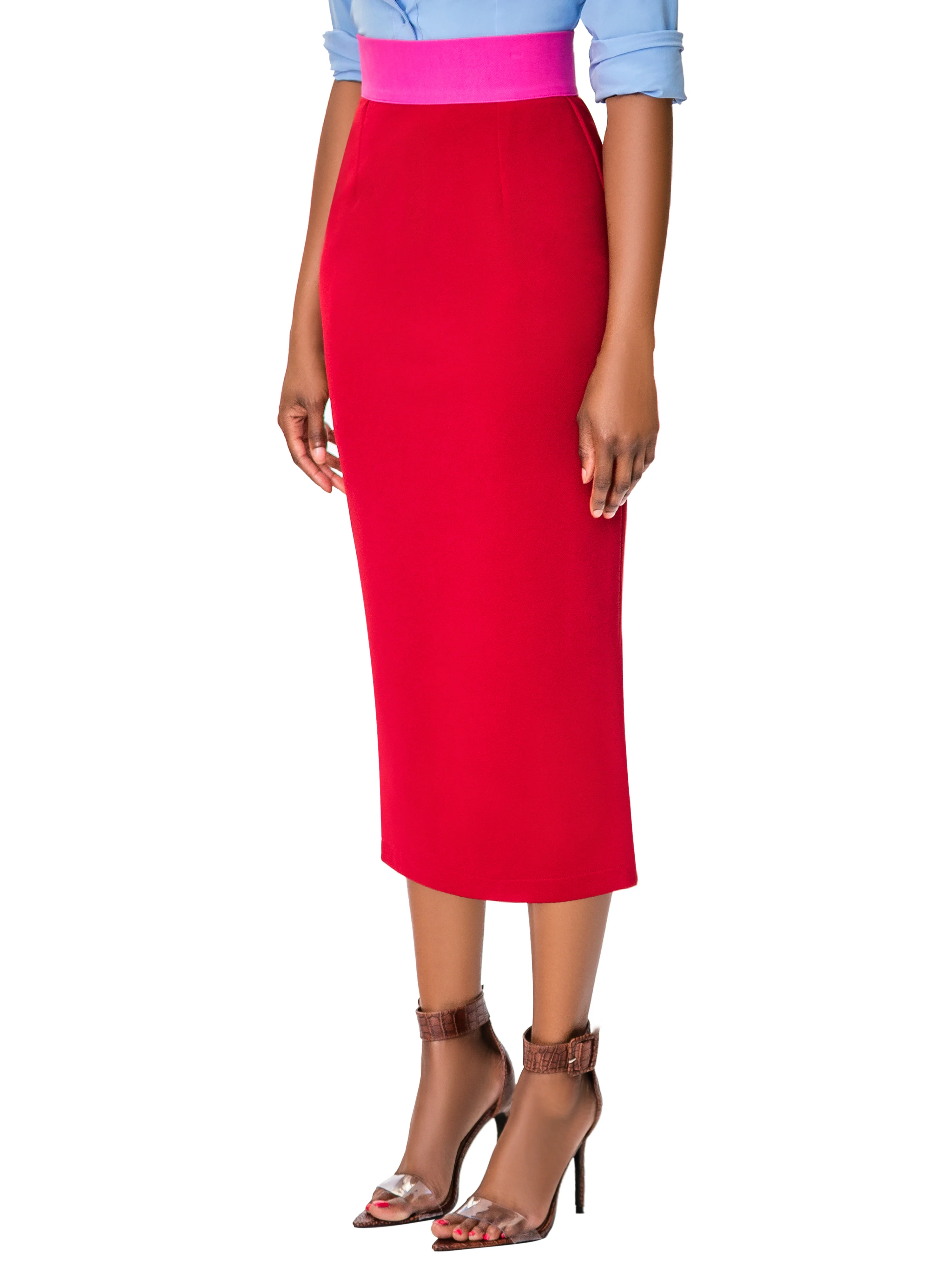 "Avonda" Red/Magenta Contrast Waist Pencil Skirt - Image 5
