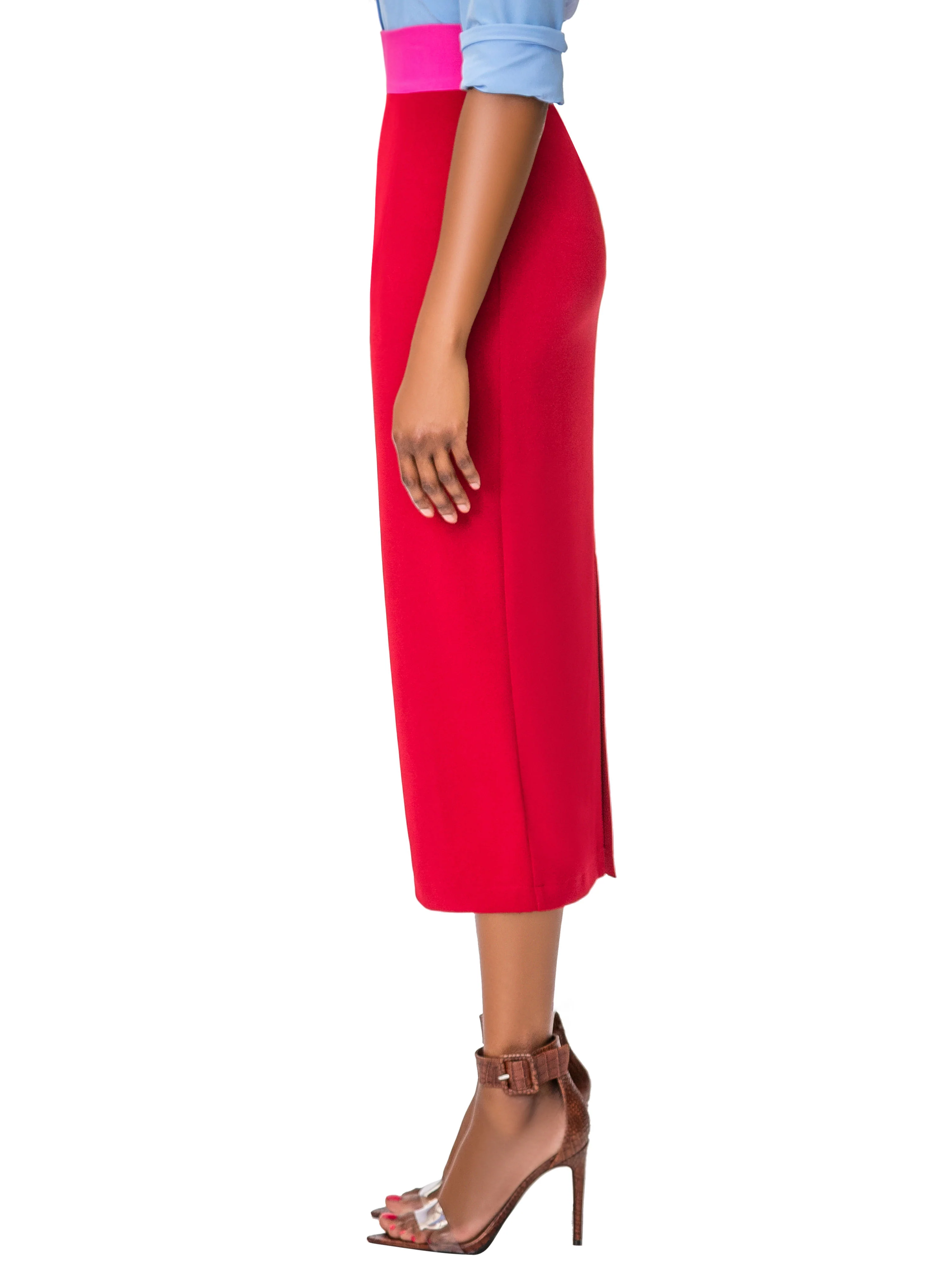 "Avonda" Red/Magenta Contrast Waist Pencil Skirt - Image 6