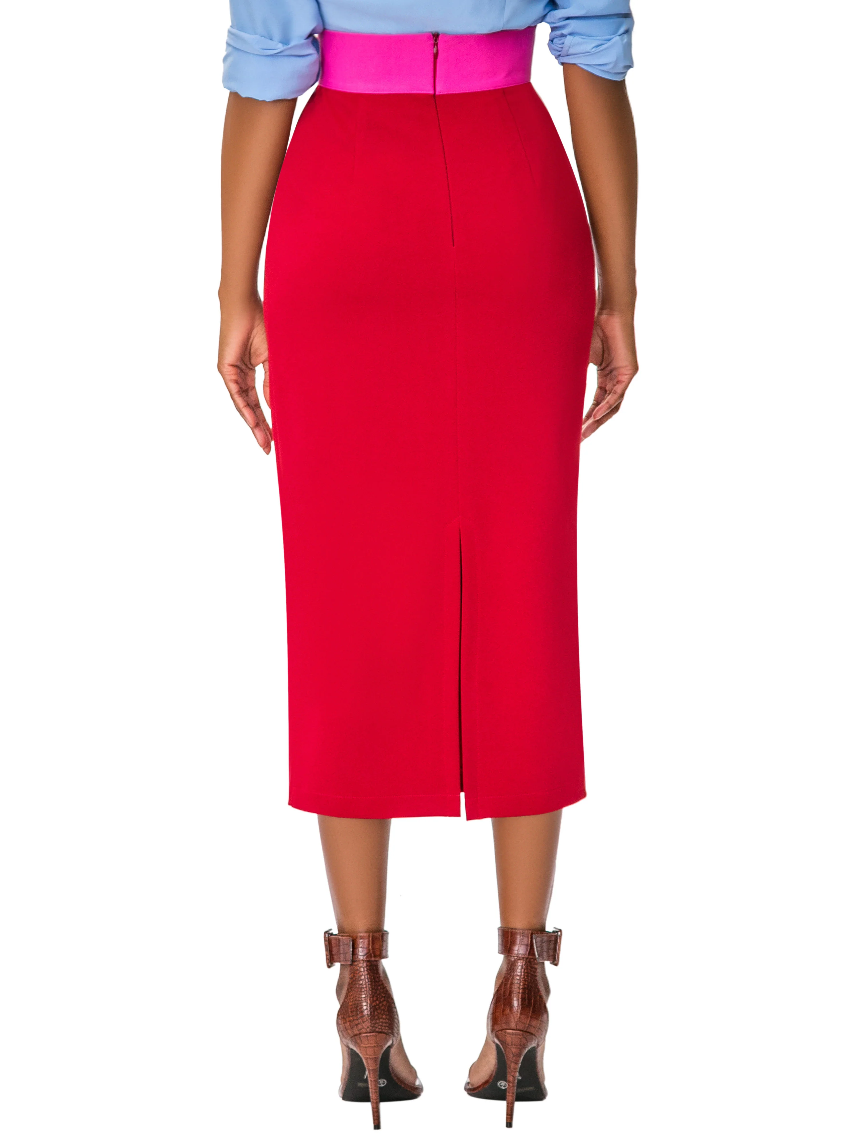 "Avonda" Red/Magenta Contrast Waist Pencil Skirt - Image 7