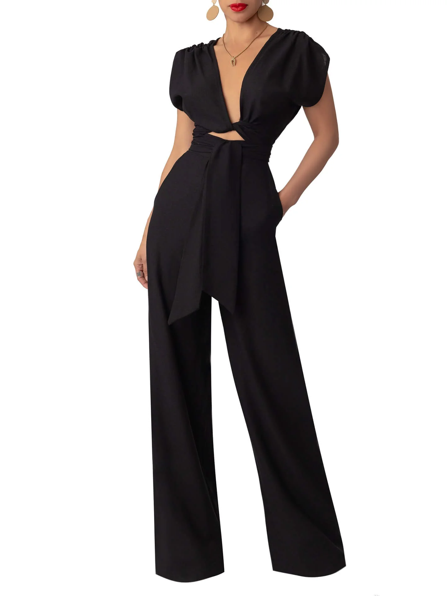 “Bọ́sẹ̀” Black Front Tie Linen Jumpsuit - Image 3