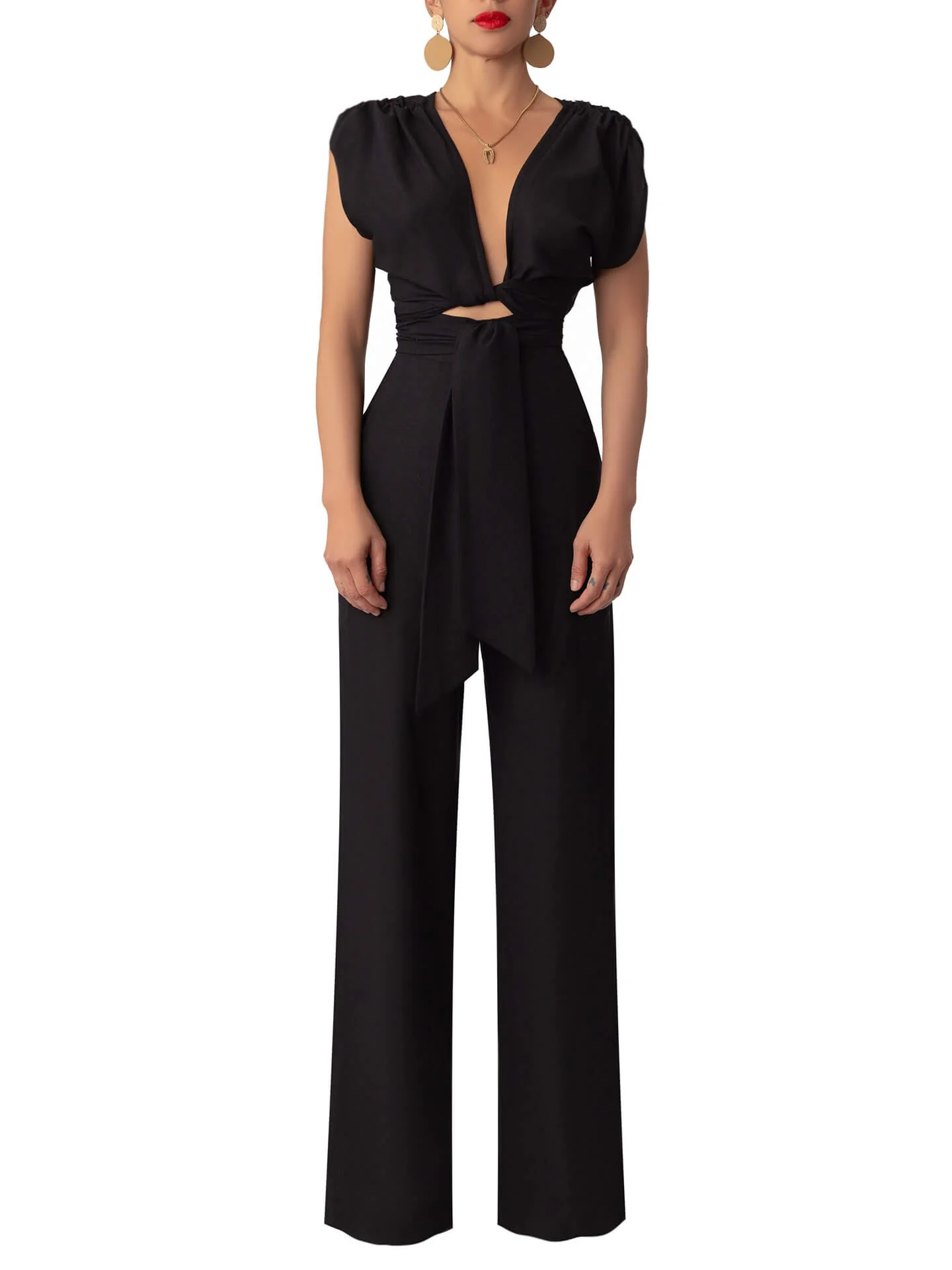 “Bọ́sẹ̀” Black Front Tie Linen Jumpsuit - Image 4