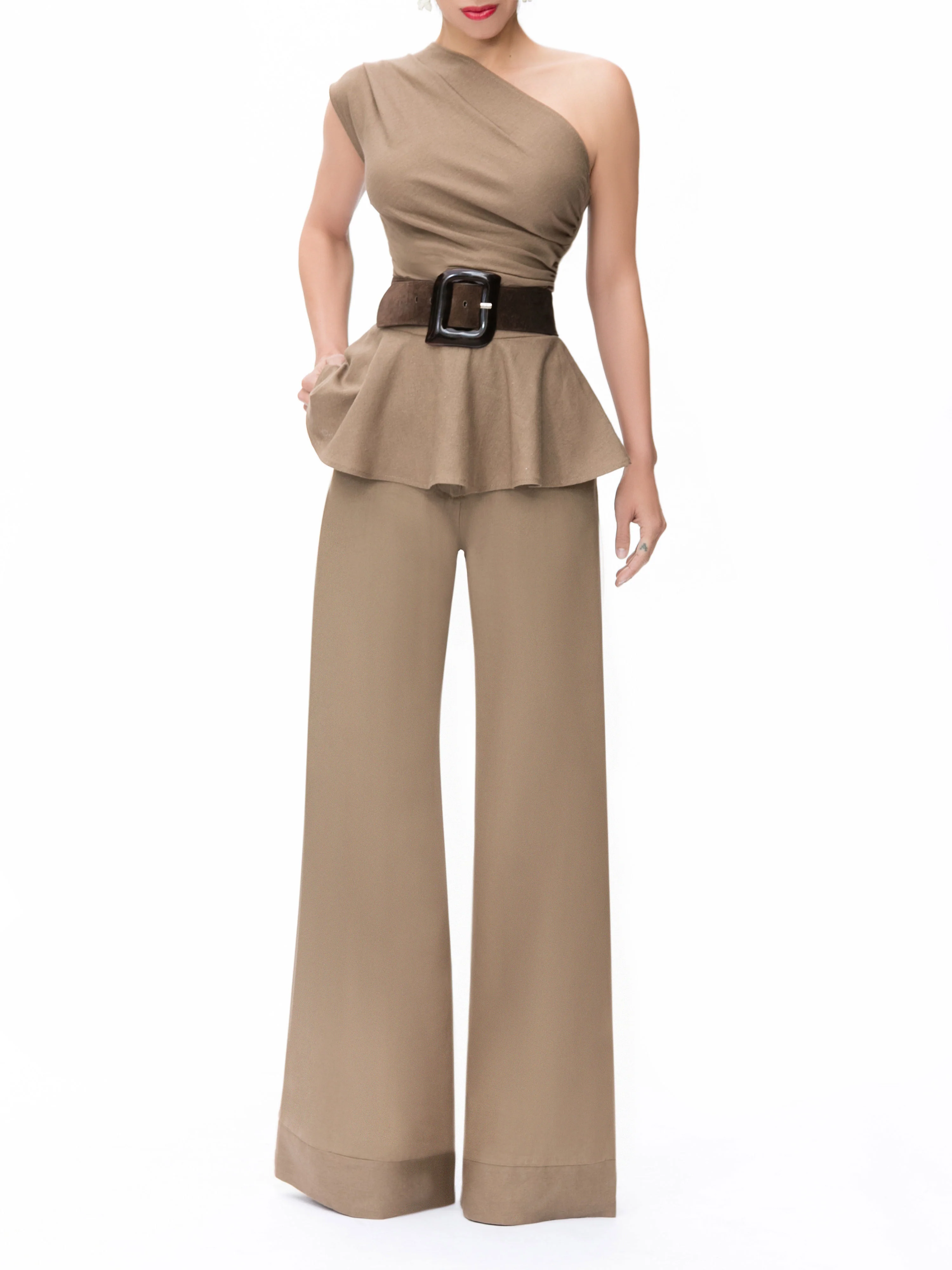"Barcelona" Khaki One Shoulder Peplum Top