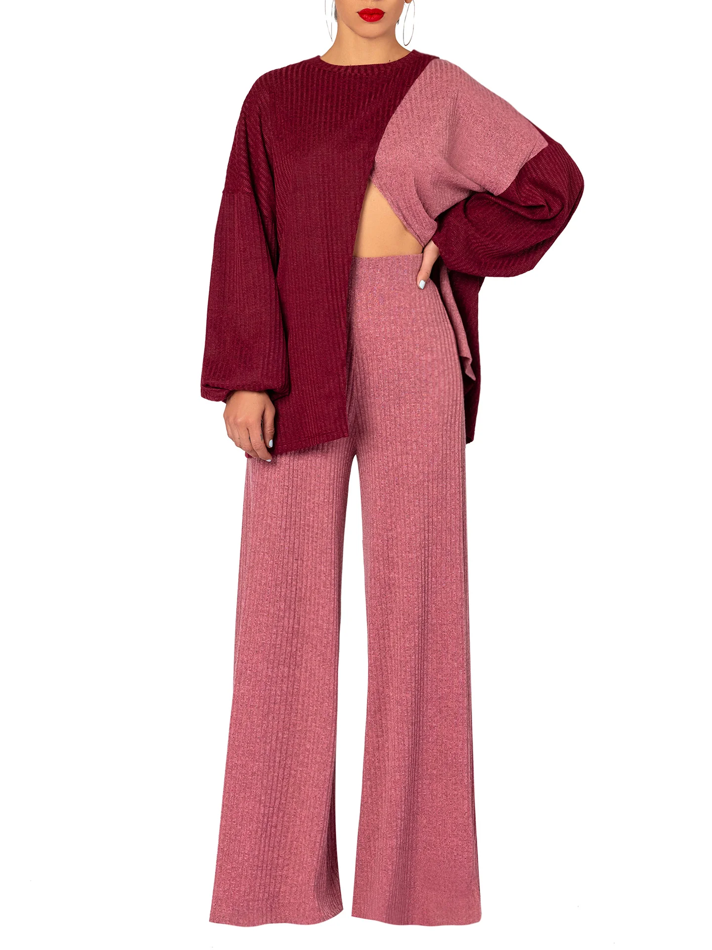 "Beauvoir" Mauve Sweater Wide Leg Pants - Image 3