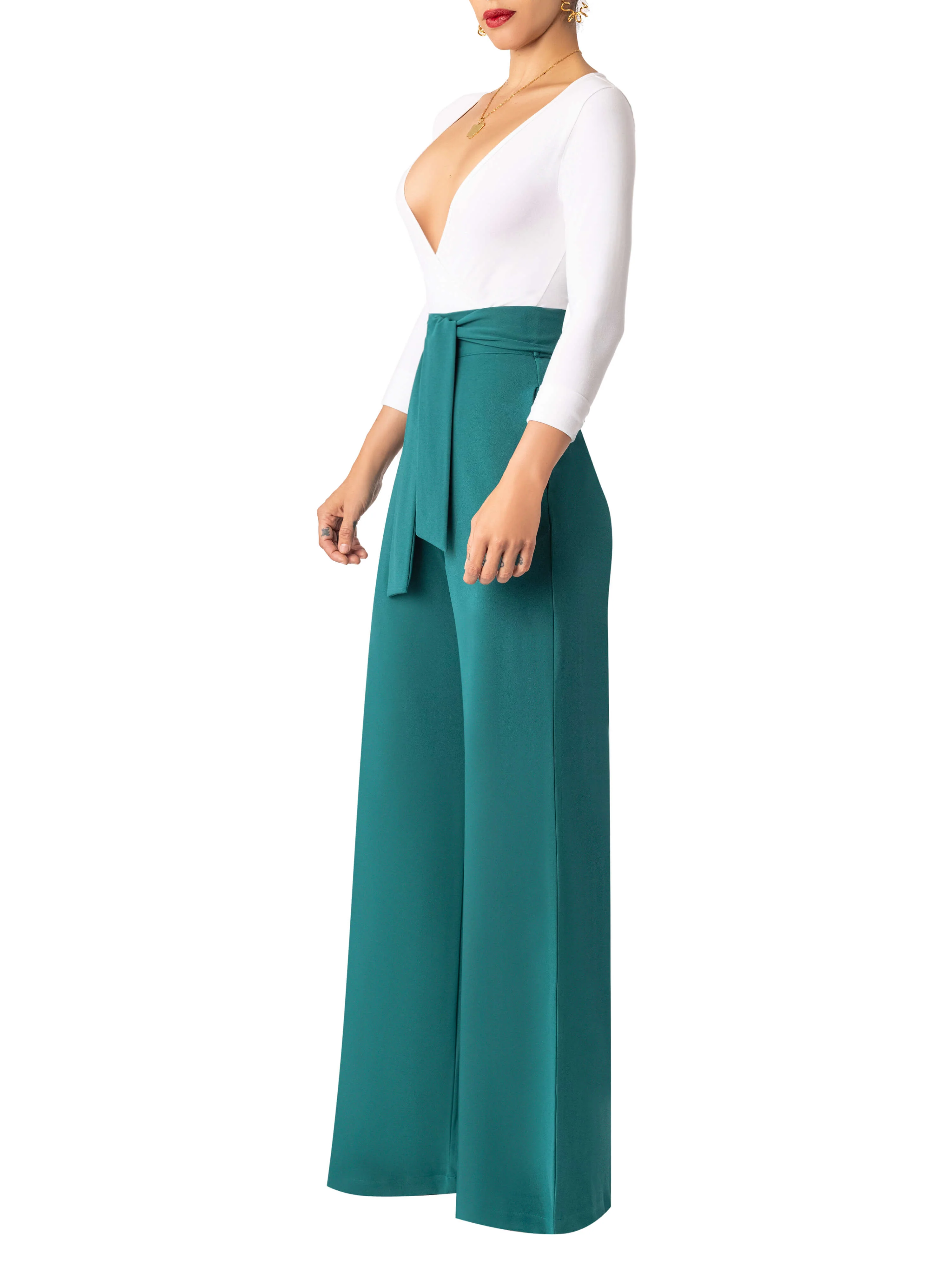 "Belinda" Emerald Belted High Waist Pants - Image 3