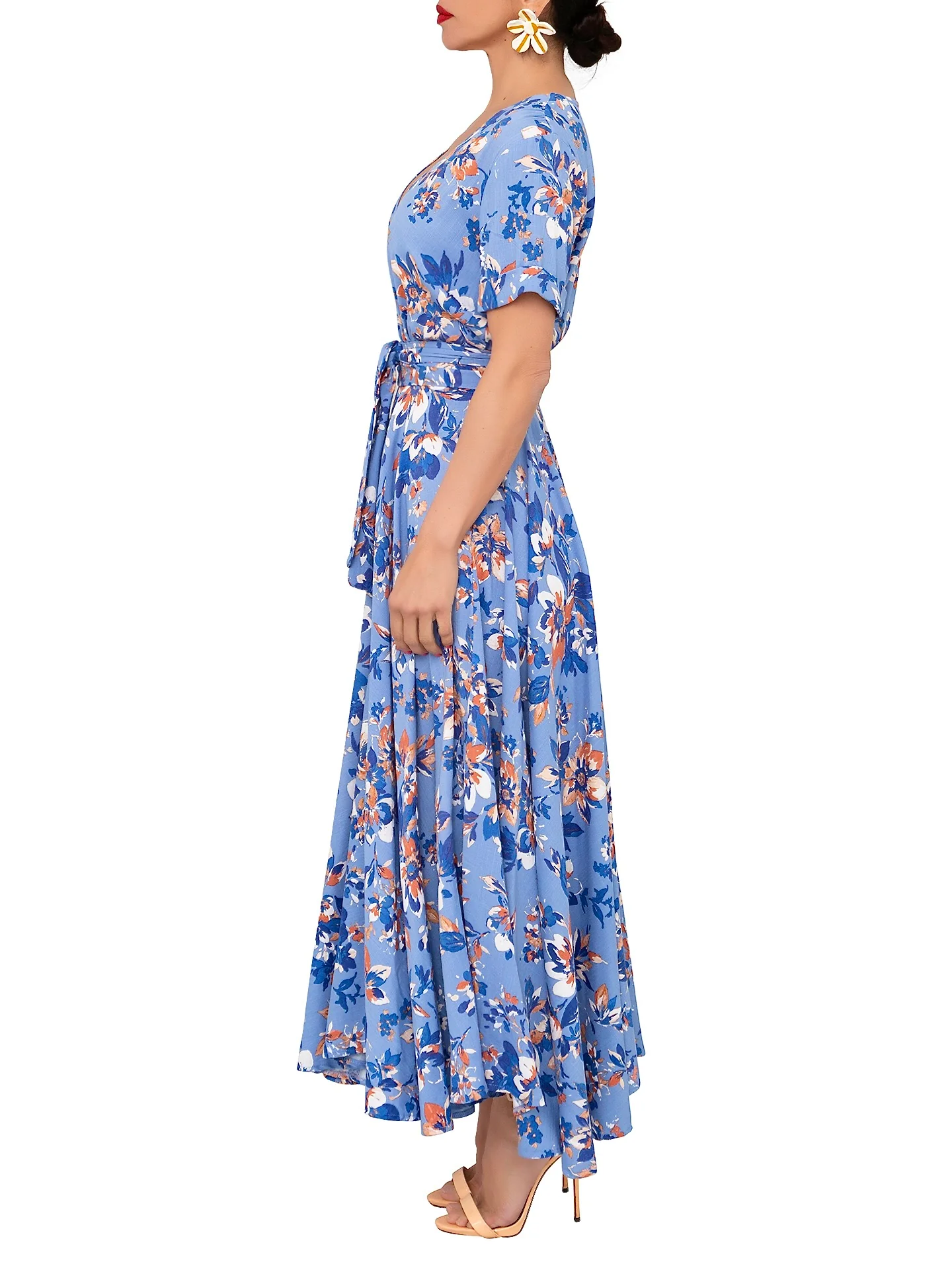 “Bethany” Blue Floral Deep V Button-Down Dress - Image 5