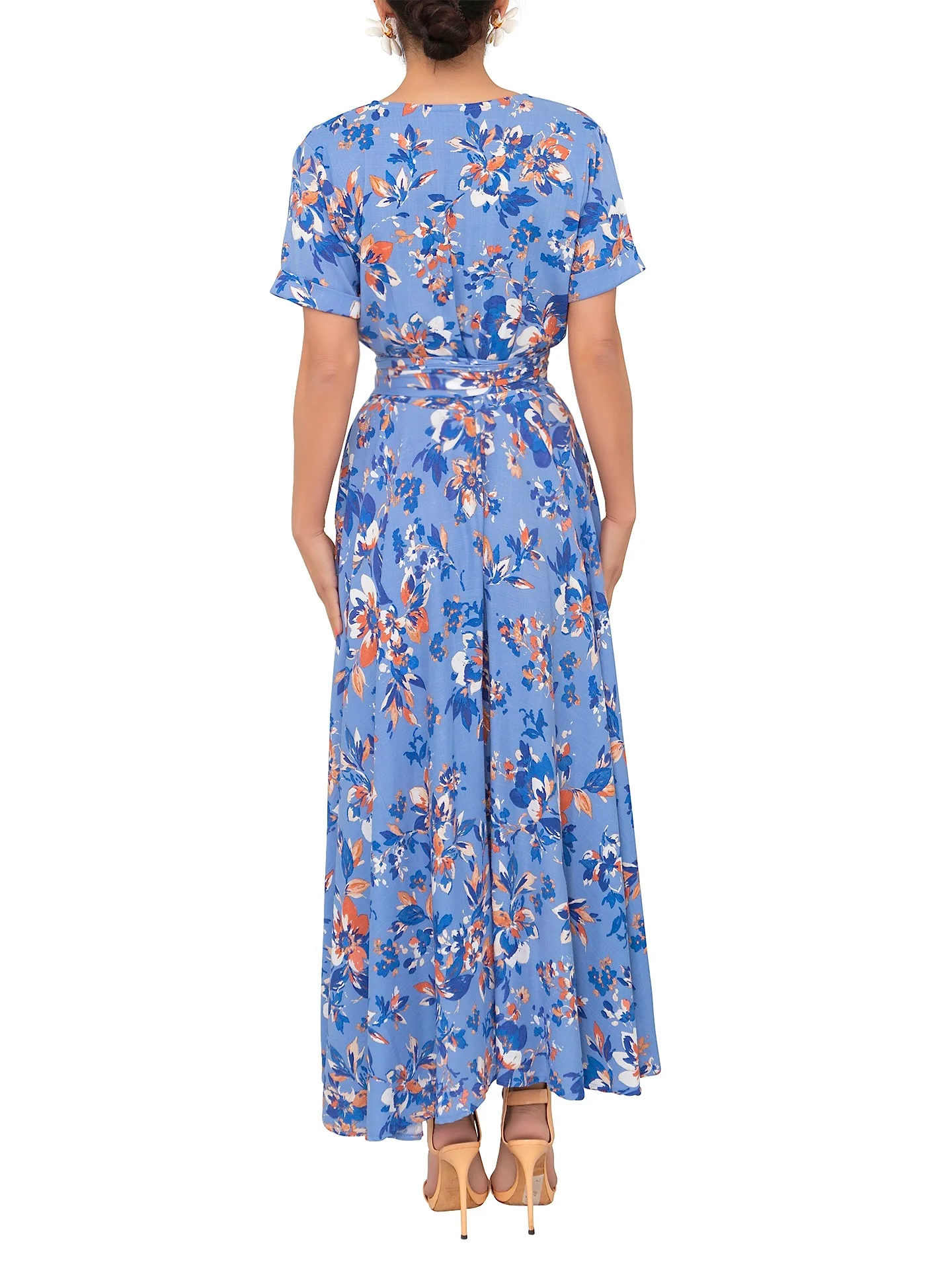 “Bethany” Blue Floral Deep V Button-Down Dress - Image 6