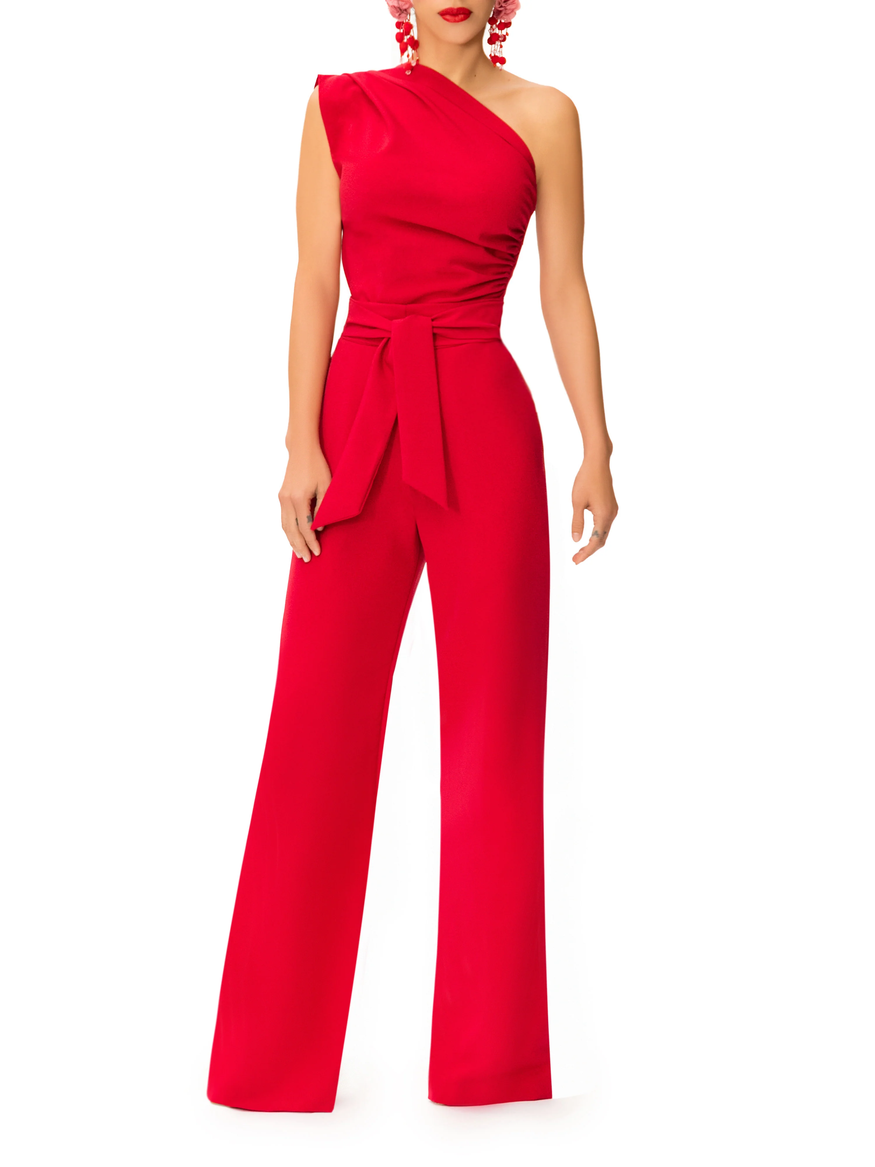 "Bia" One Shoulder Drape Jumpsuit w/Belt - Image 2