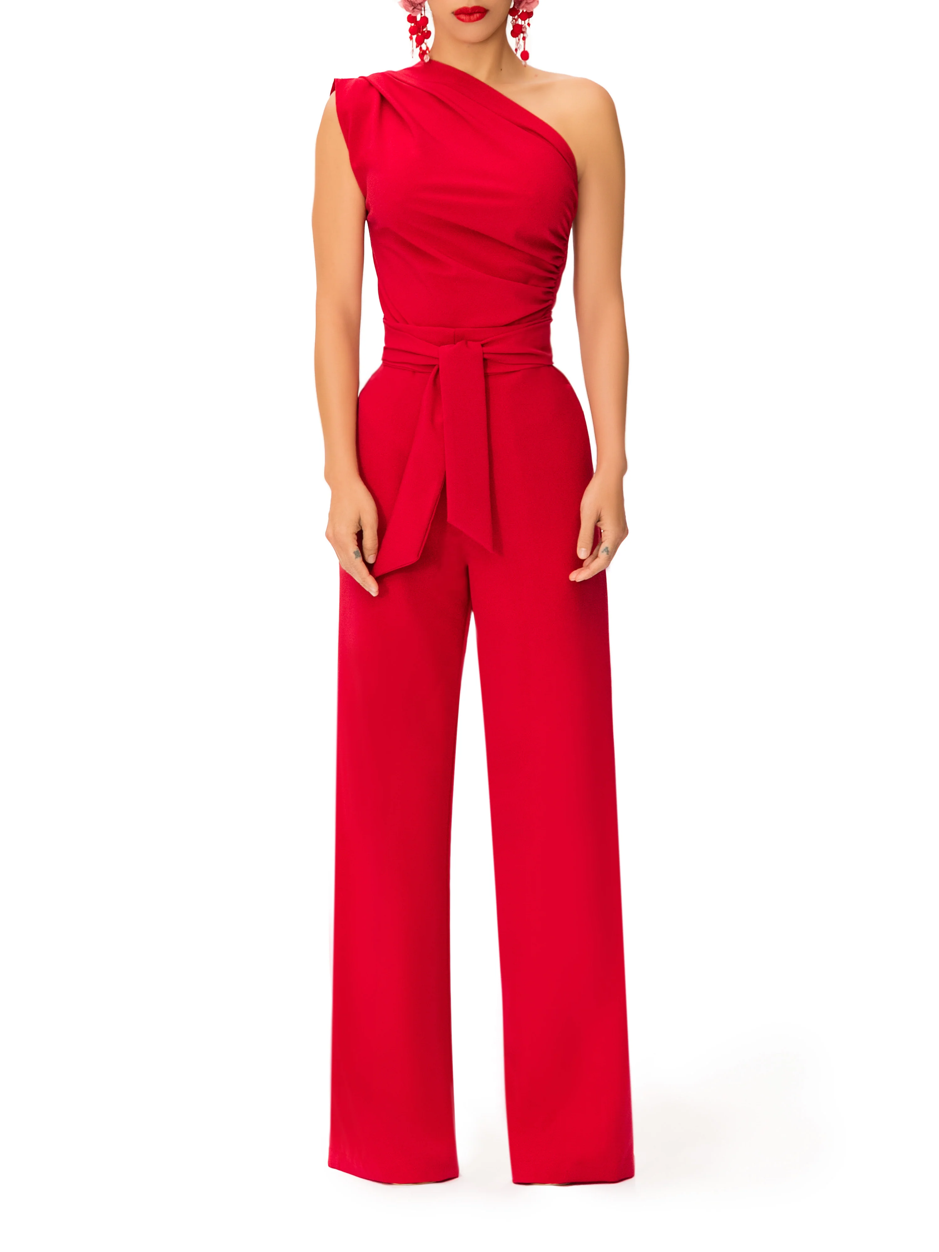 "Bia" One Shoulder Drape Jumpsuit w/Belt - Image 3