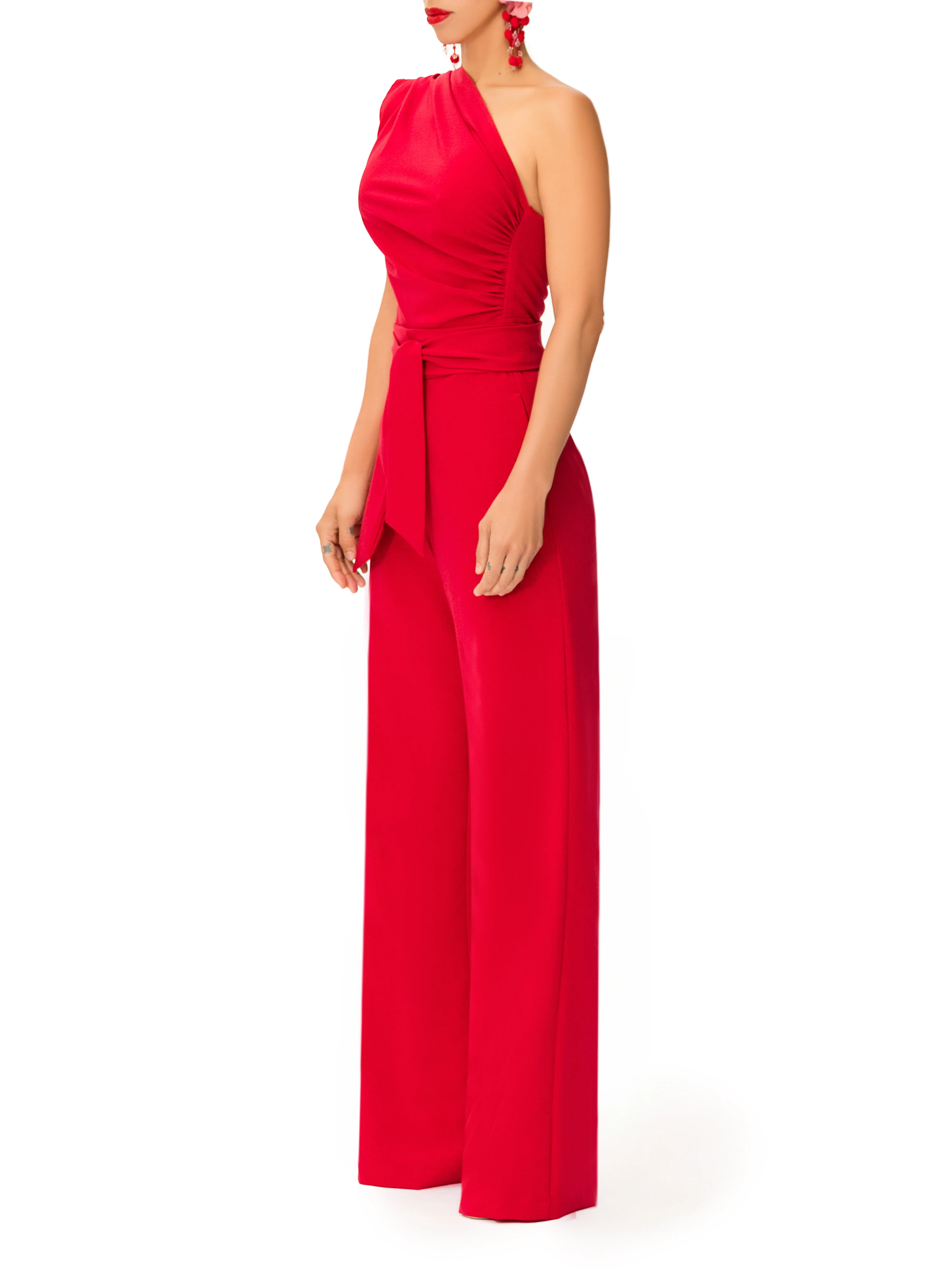 "Bia" One Shoulder Drape Jumpsuit w/Belt - Image 4