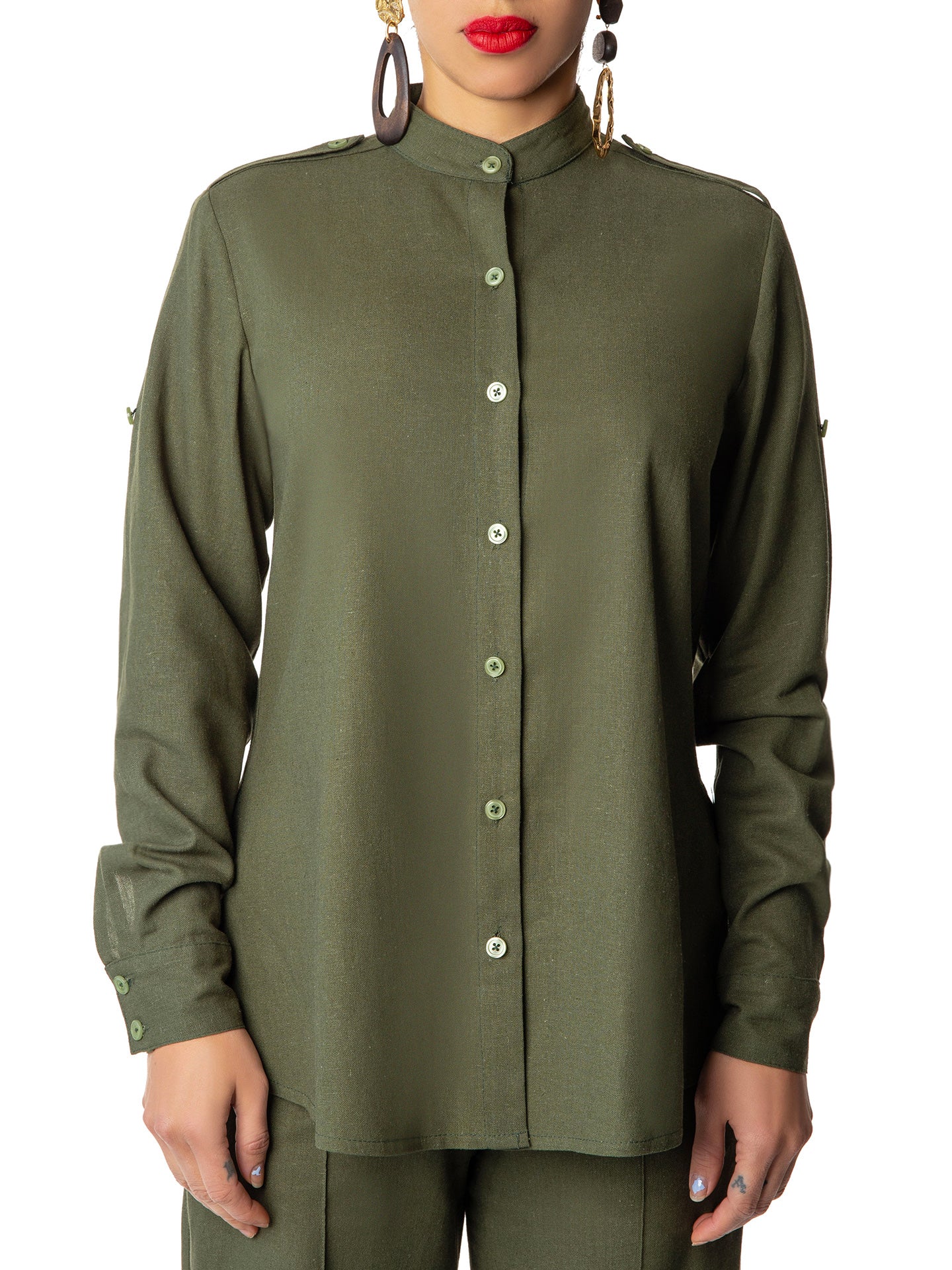 "Birch" Olive Long Sleeve Button Down Top - Image 3