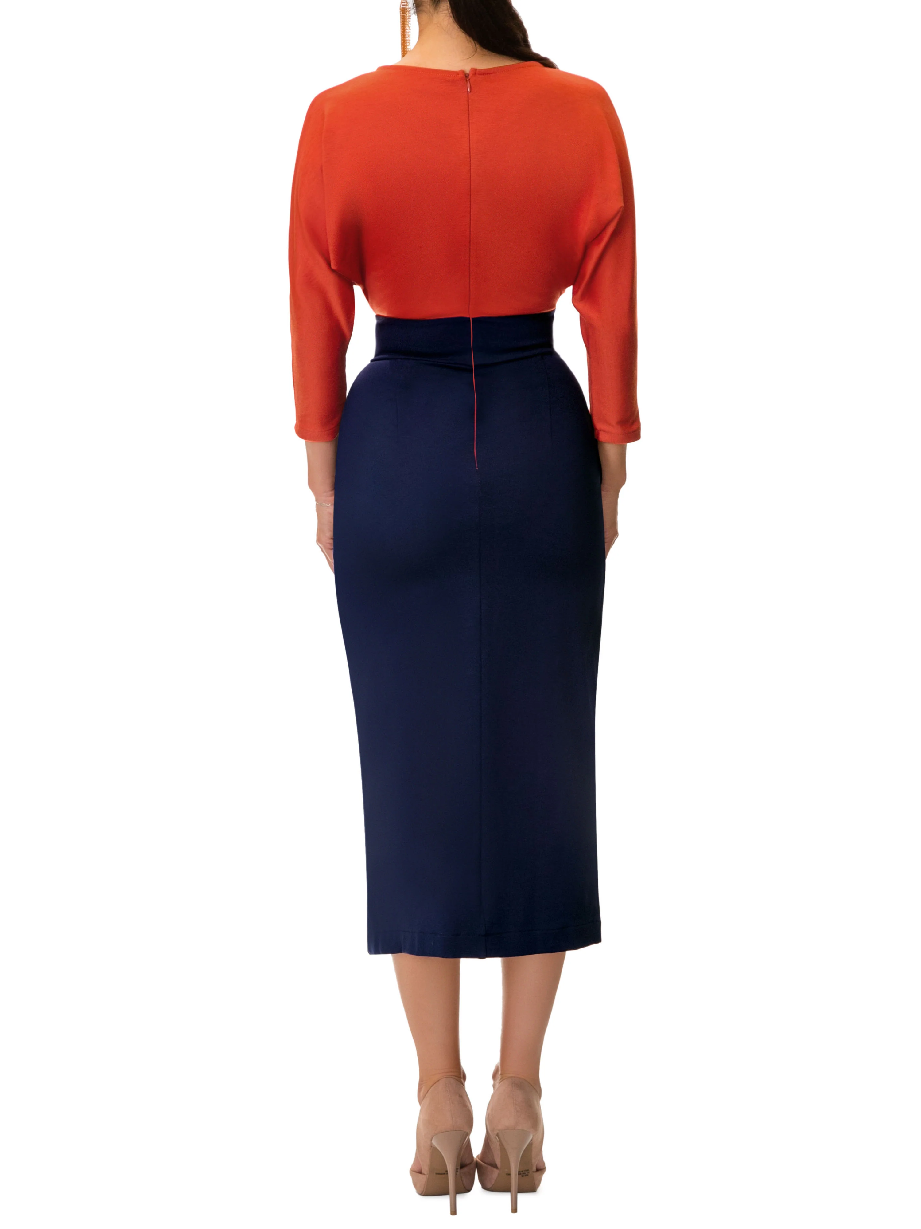 "Brooke" Rust/Navy Dolman Sleeve Pencil Dress - Image 6
