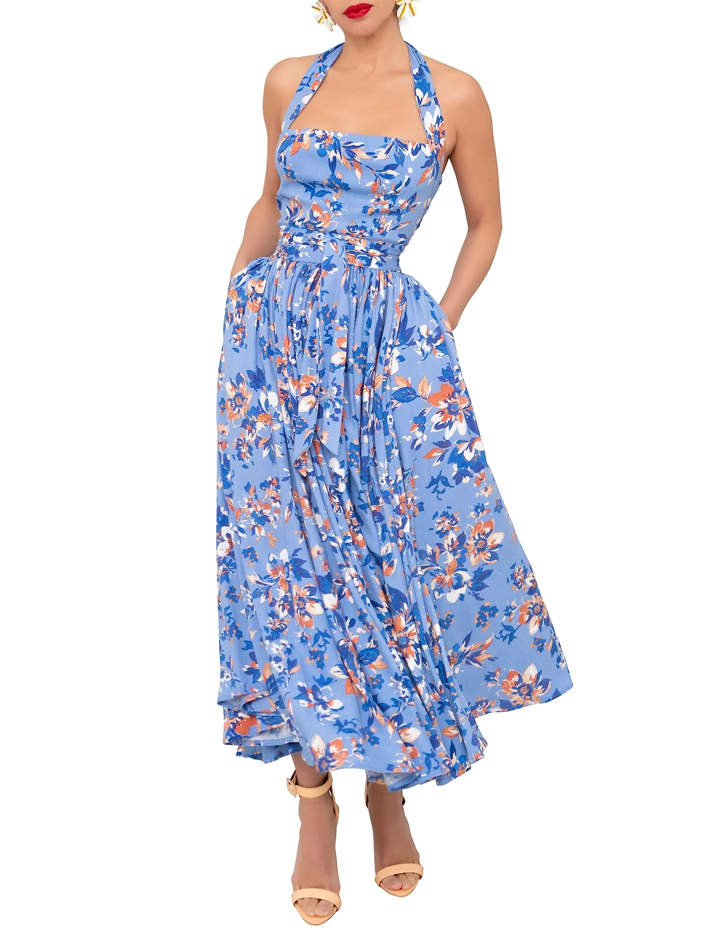 "Bunny" Blue Floral Halter Neck Dress - Image 3