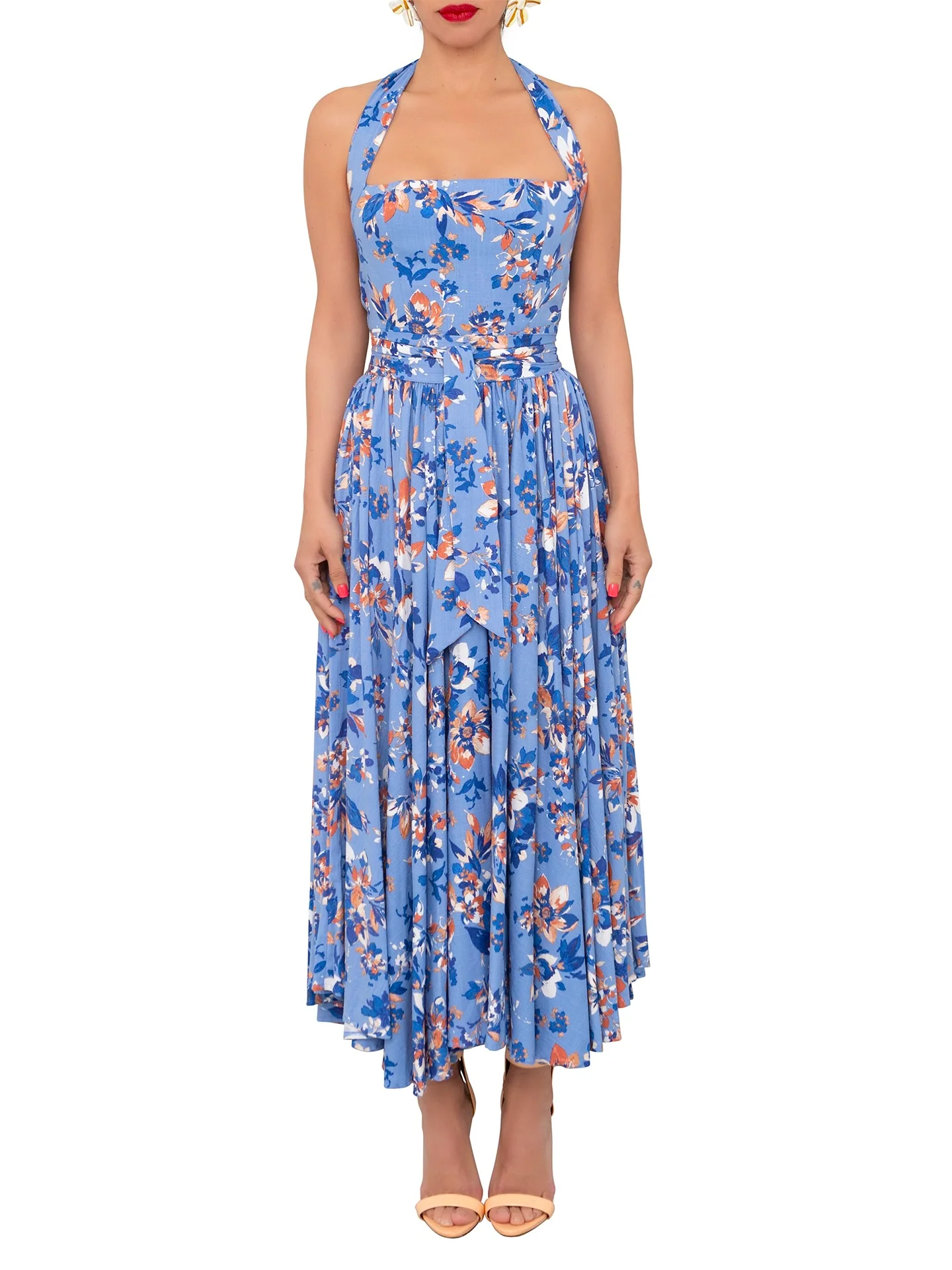 "Bunny" Blue Floral Halter Neck Dress - Image 5