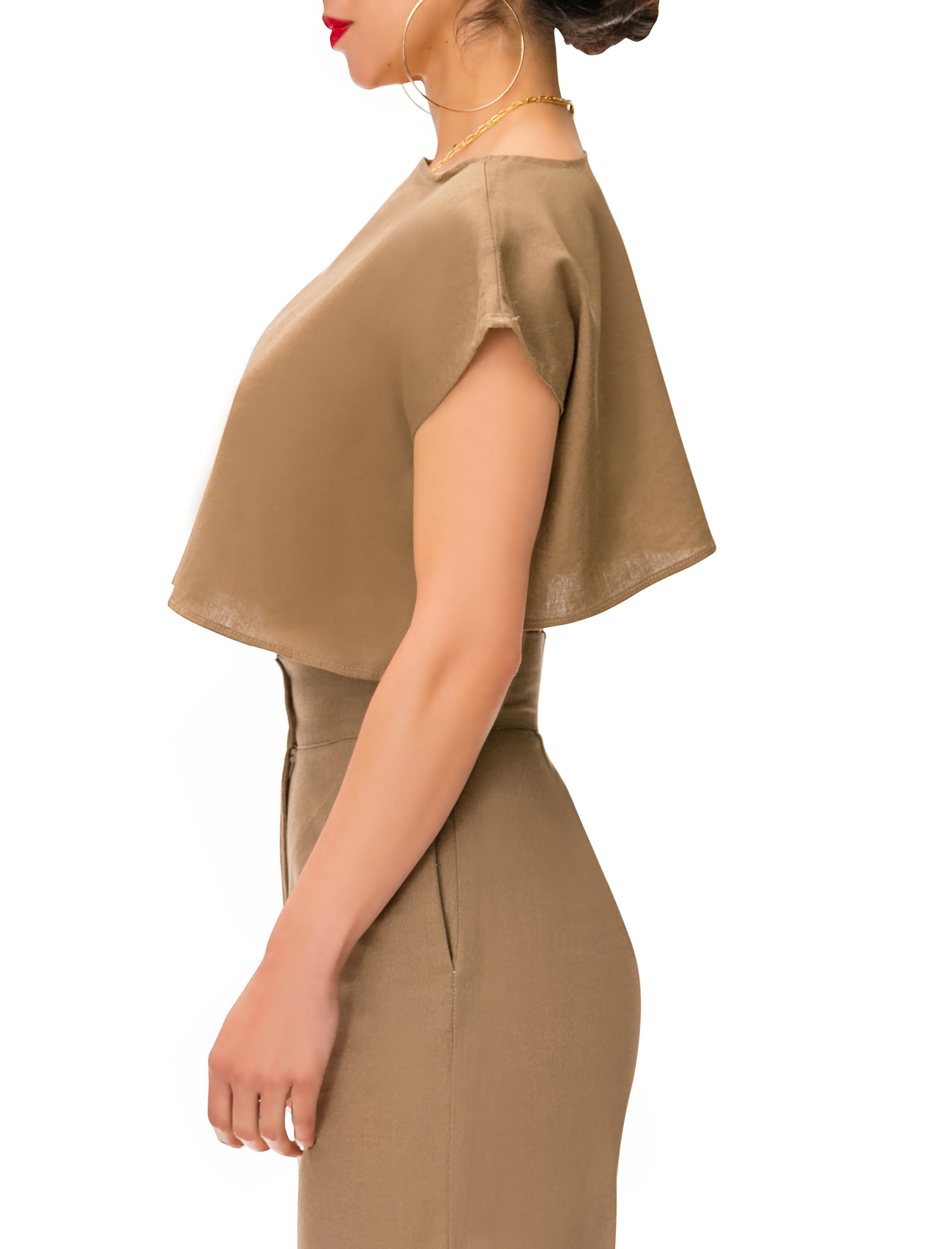 "Camellia" Khaki Linen Crop Top w/Side Slits - Image 3
