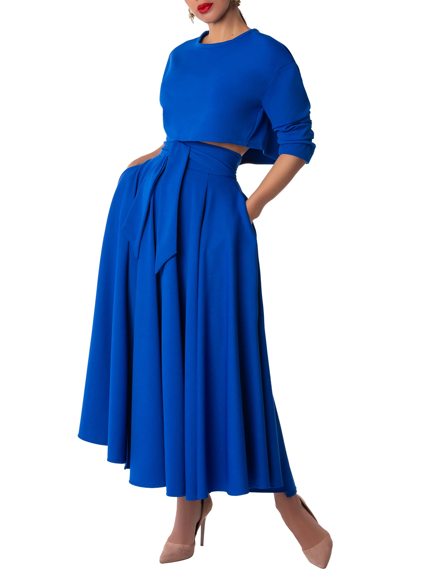 "Camille" Cobalt Belted Swing Skirt - Image 3