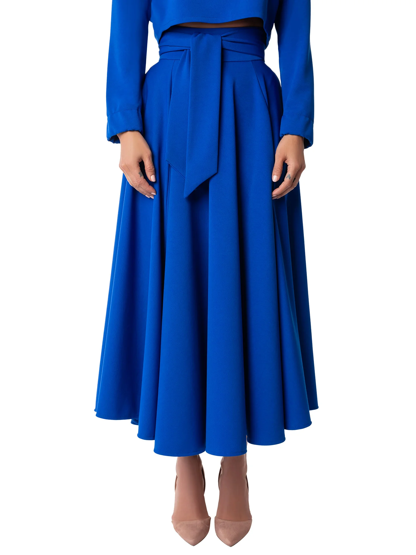 "Camille" Cobalt Belted Swing Skirt - Image 4