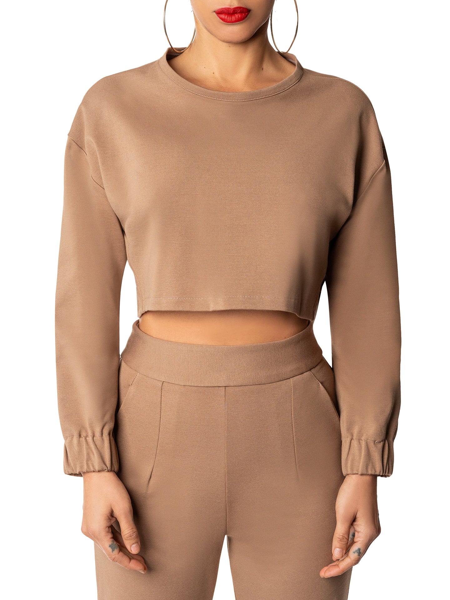 "Cecelia" Taupe Long Sleeve Crop Top - Image 3