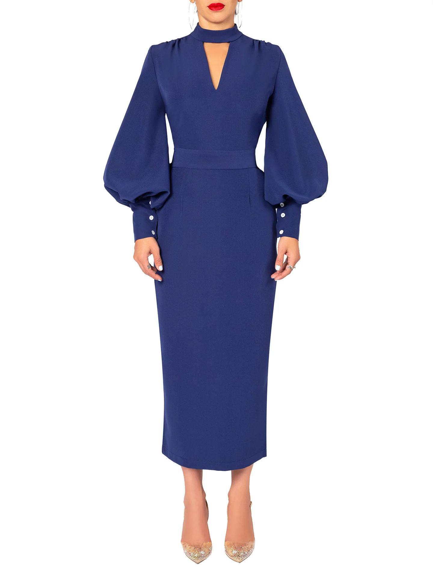 "Chimamanda" Navy Keyhole Midi Dress - Image 3