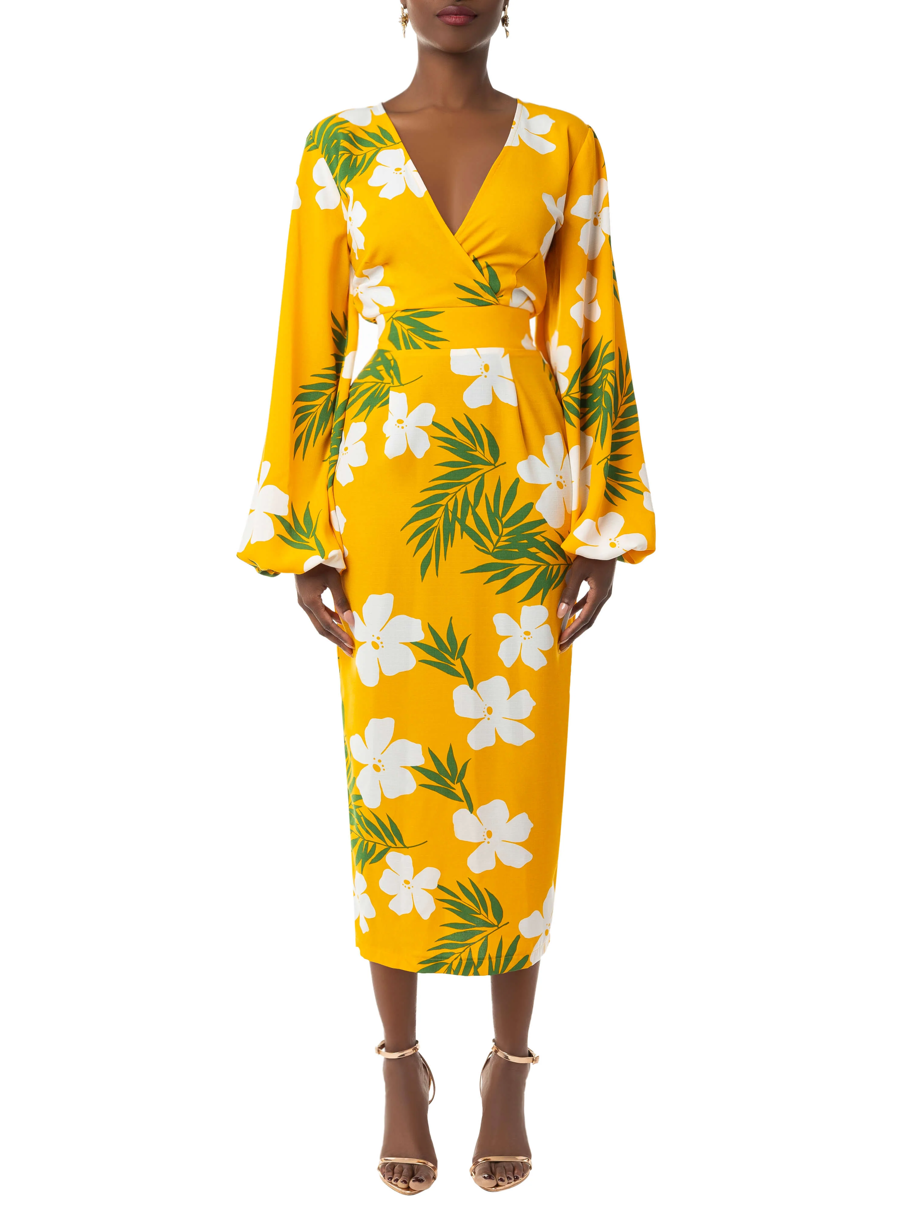 "Chloe" Yellow Tropical Wrap Dress - Image 3