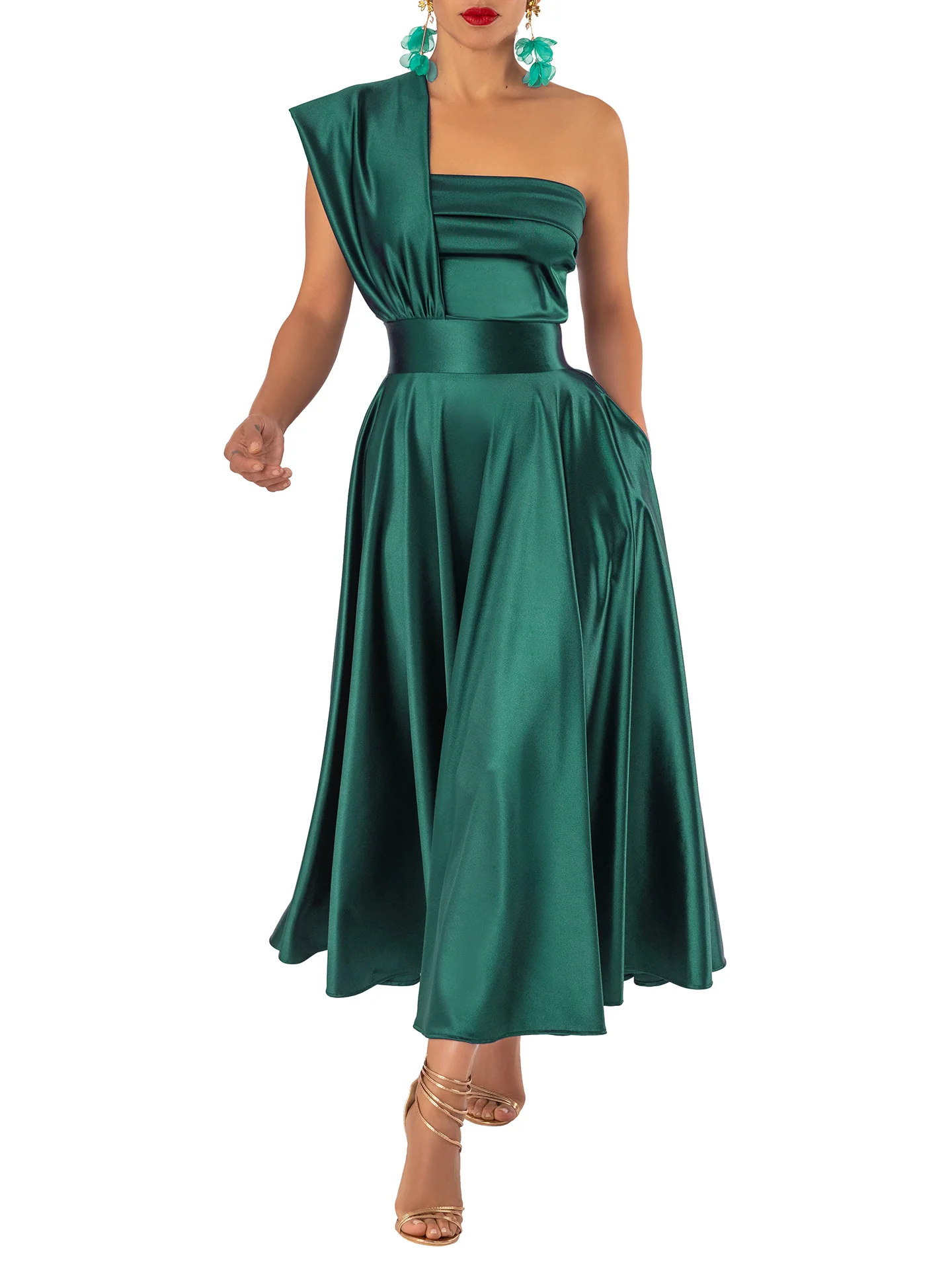 "Chrome" Emerald One Shoulder Dress