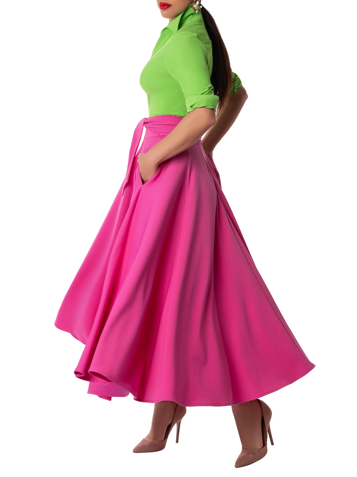 "Clara" Magenta Belted Swing Skirt - Image 3