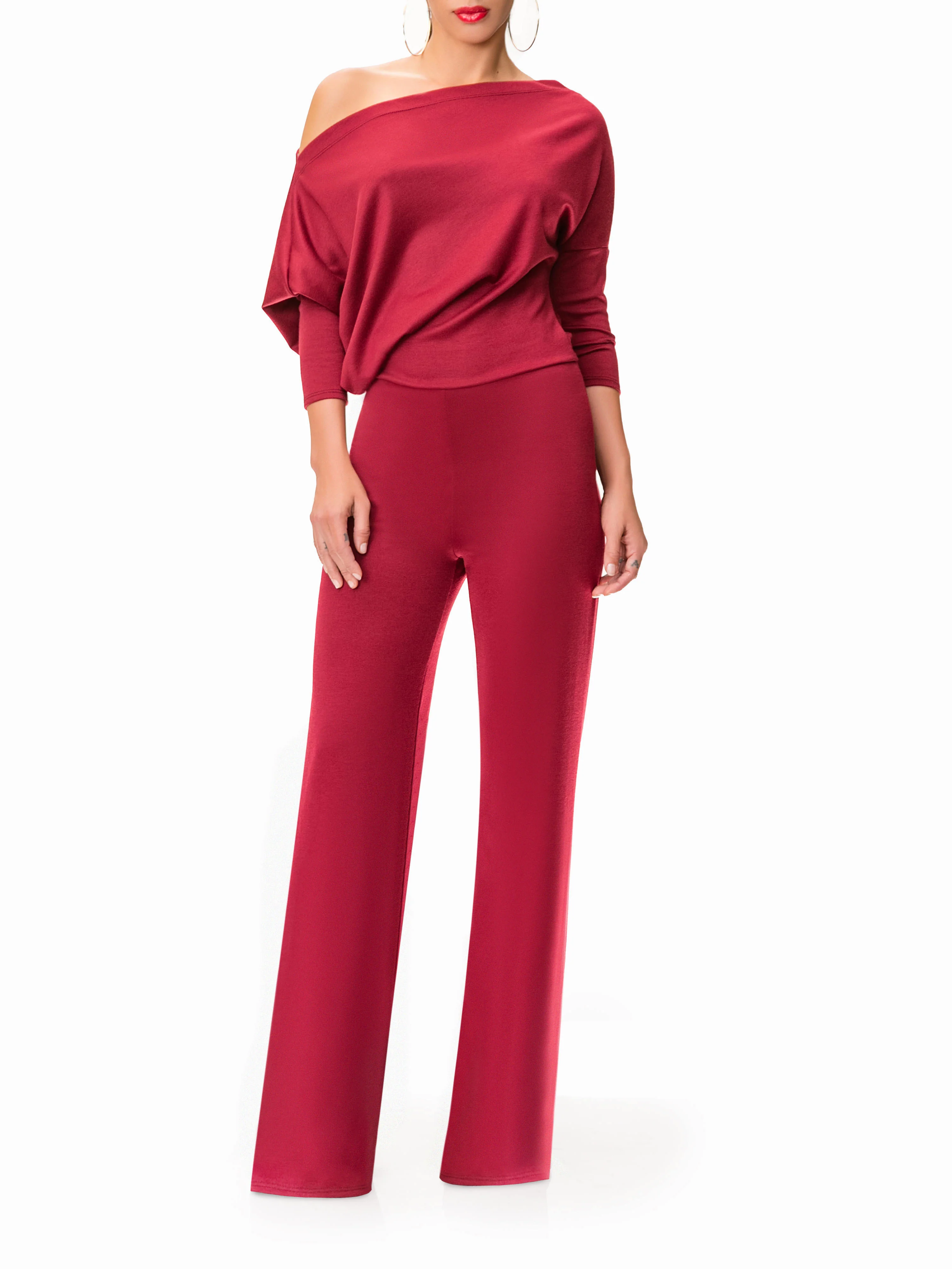"Cleopatra" Off Shoulder Burgundy Jumpsuit - Image 2