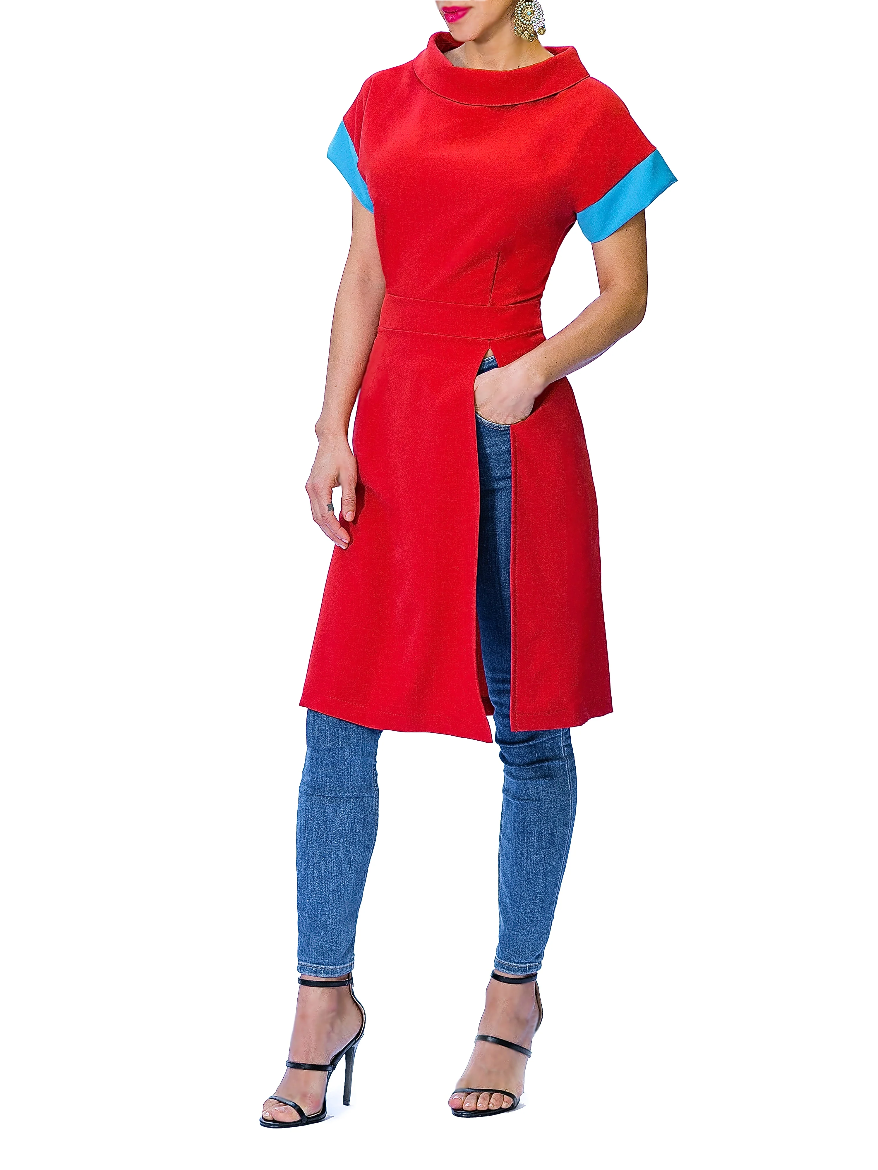 "Clio" Folded Neck Tunic w/ Contrast Sleeve