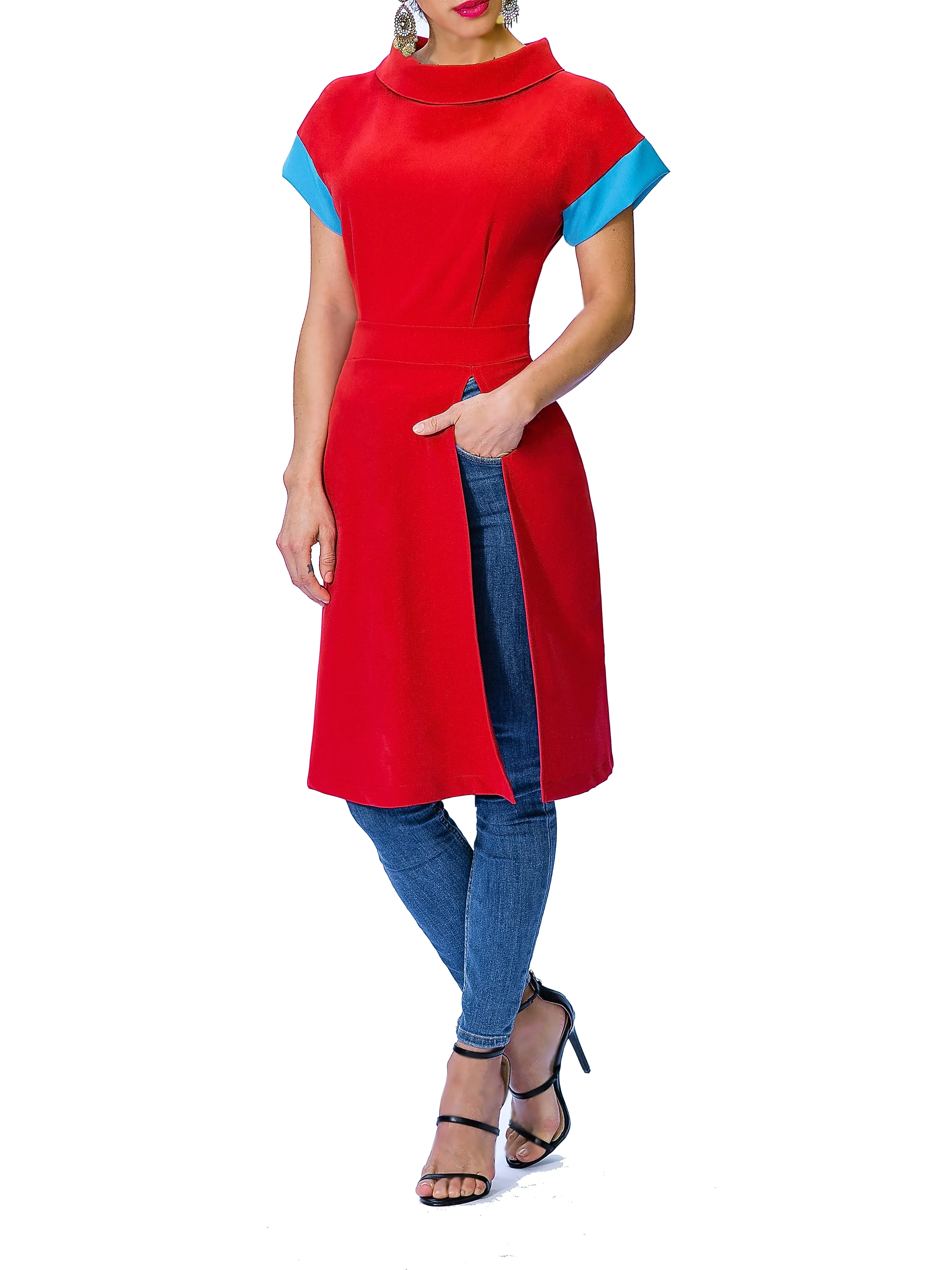 "Clio" Folded Neck Tunic w/ Contrast Sleeve - Image 2
