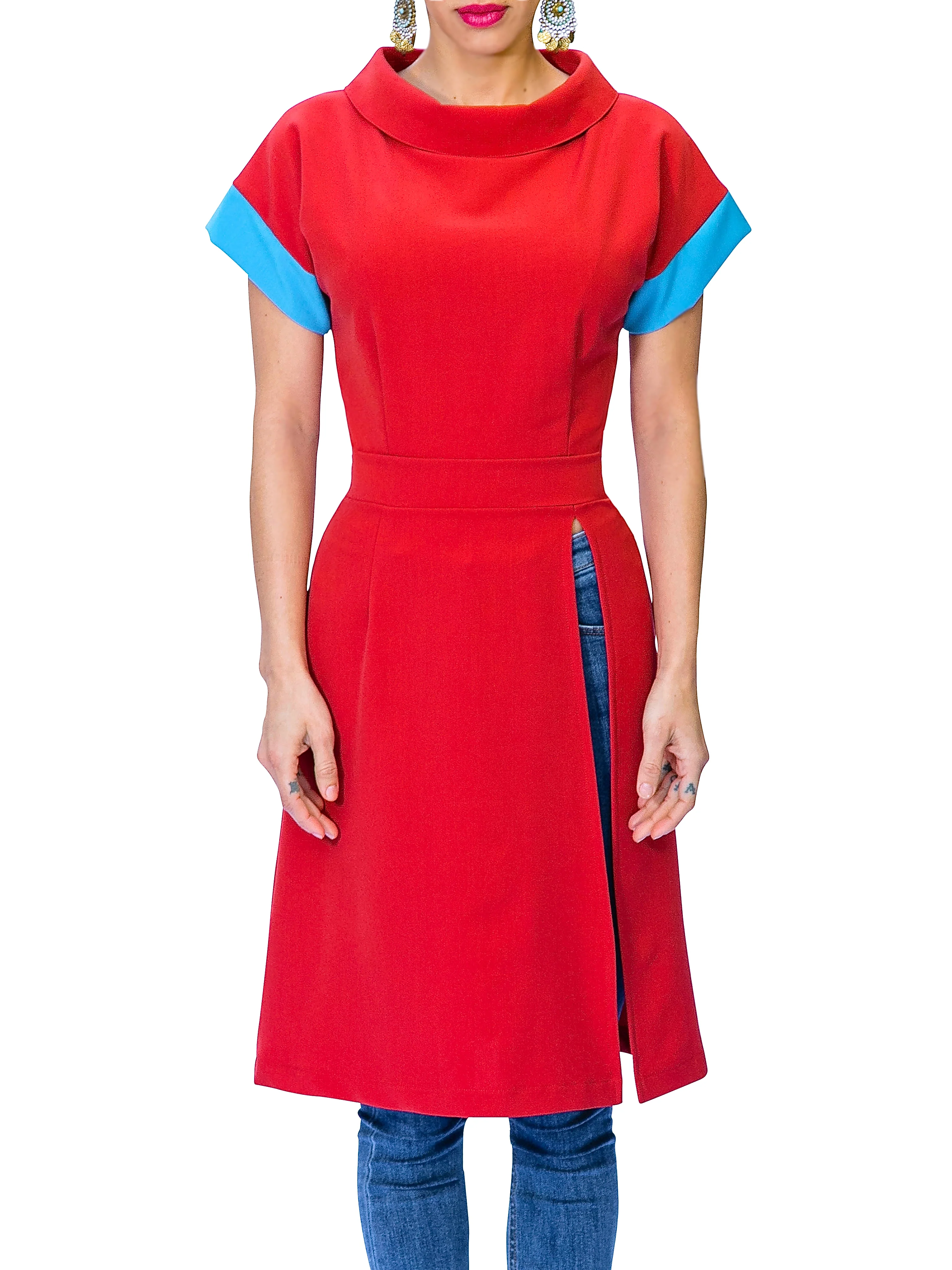 "Clio" Folded Neck Tunic w/ Contrast Sleeve - Image 3