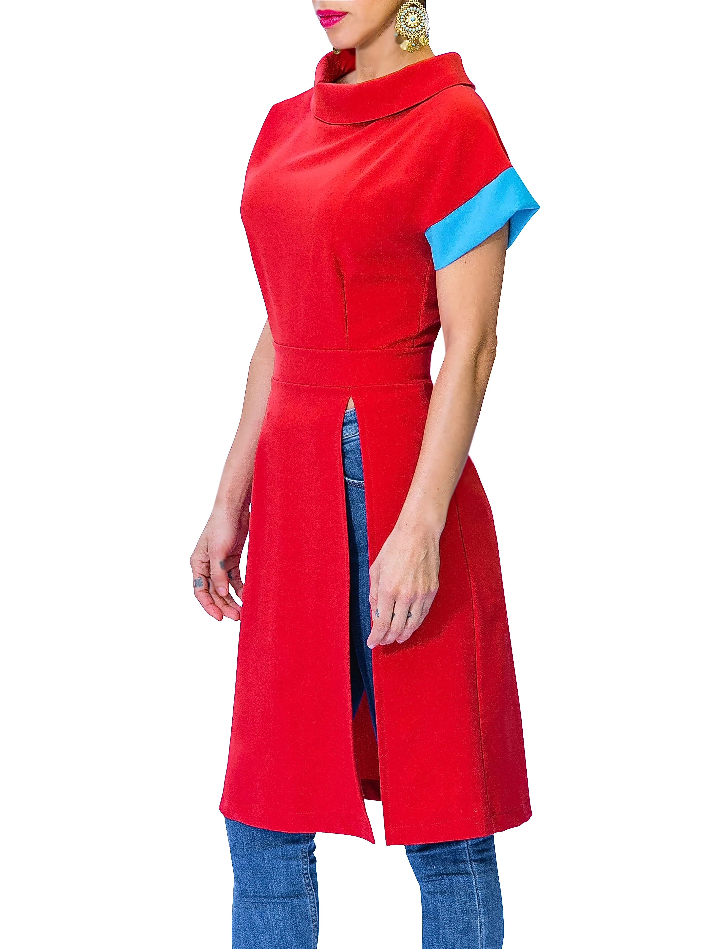 "Clio" Folded Neck Tunic w/ Contrast Sleeve - Image 4