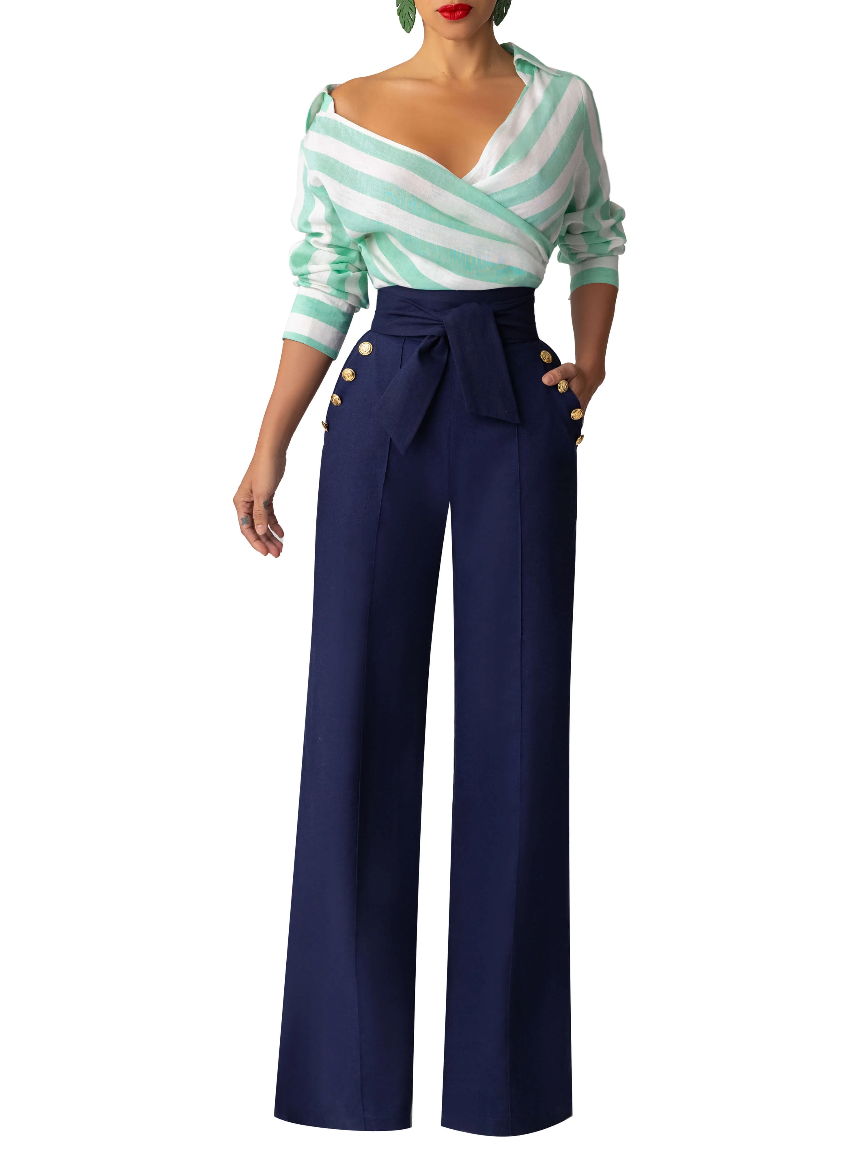 "Clove" Stripe/Navy Colorblock Jumpsuit - Image 3