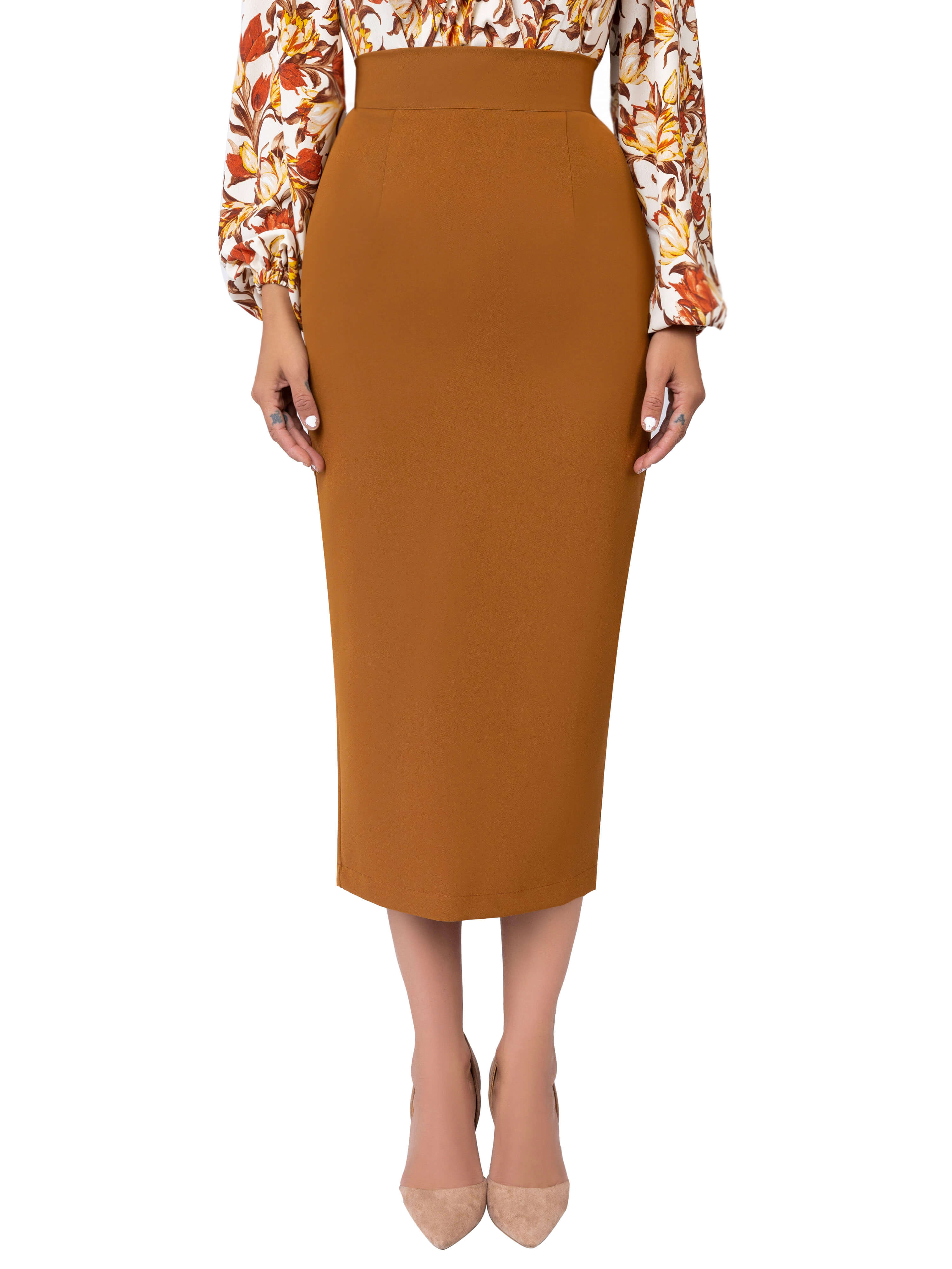 "Coco" Caramel Midi Pencil Skirt - Image 3