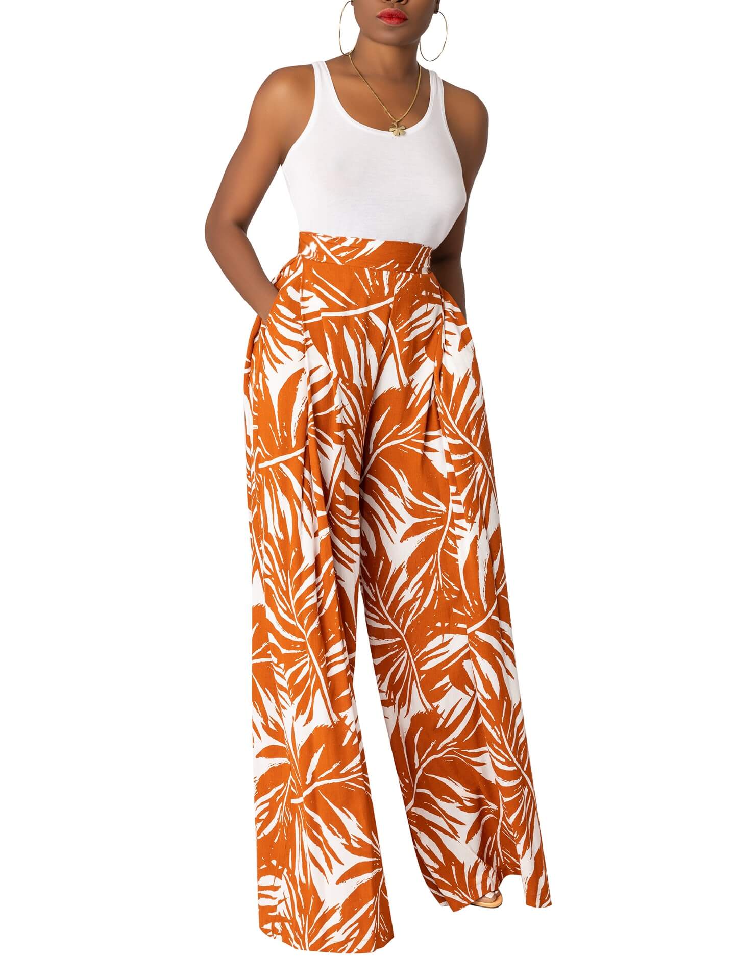 "Coco Palm" Brown Pleated Pants - Image 3