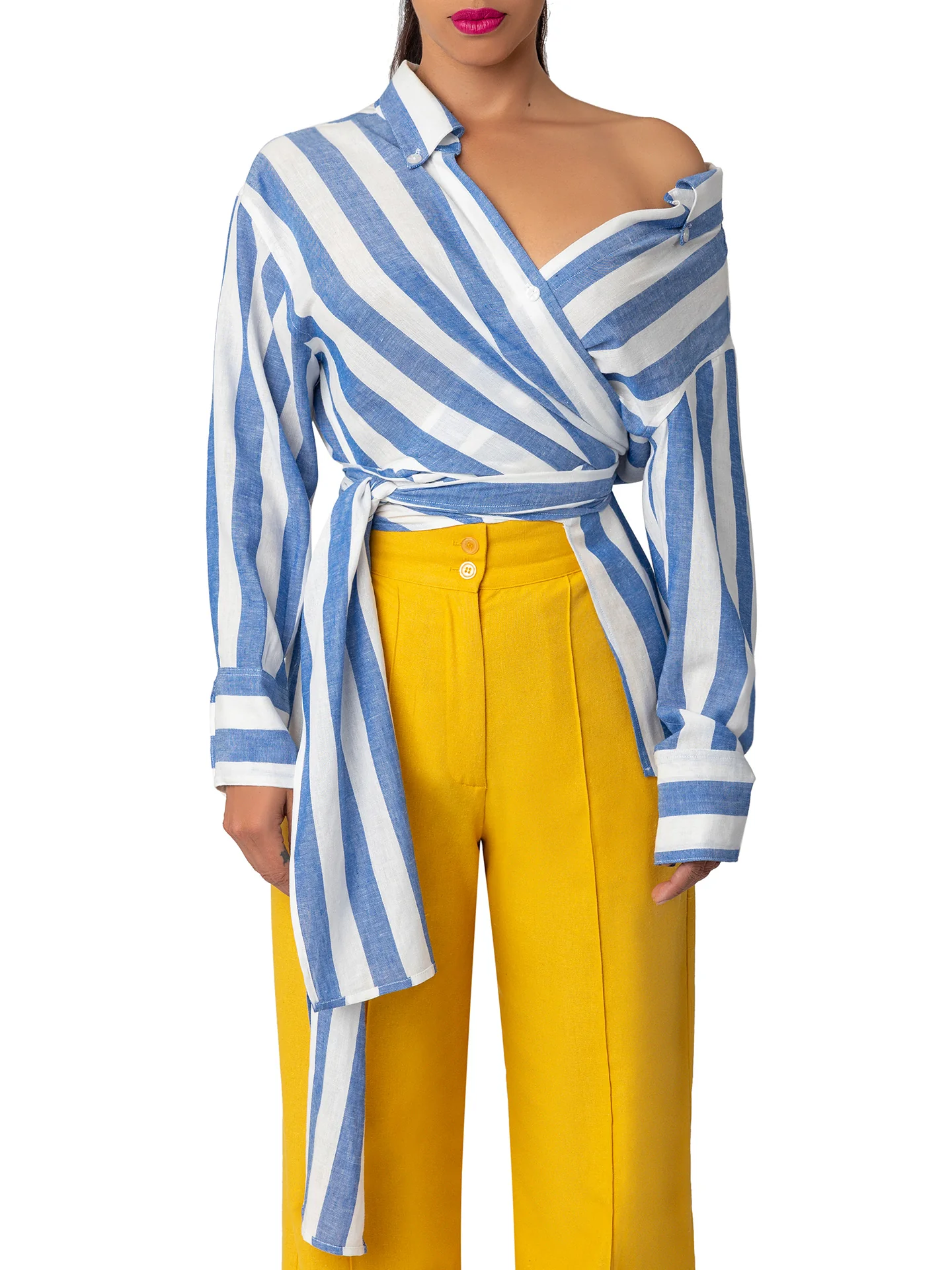 "Cosmopolitan" Stripe Off Shoulder Wrap Top - Image 3