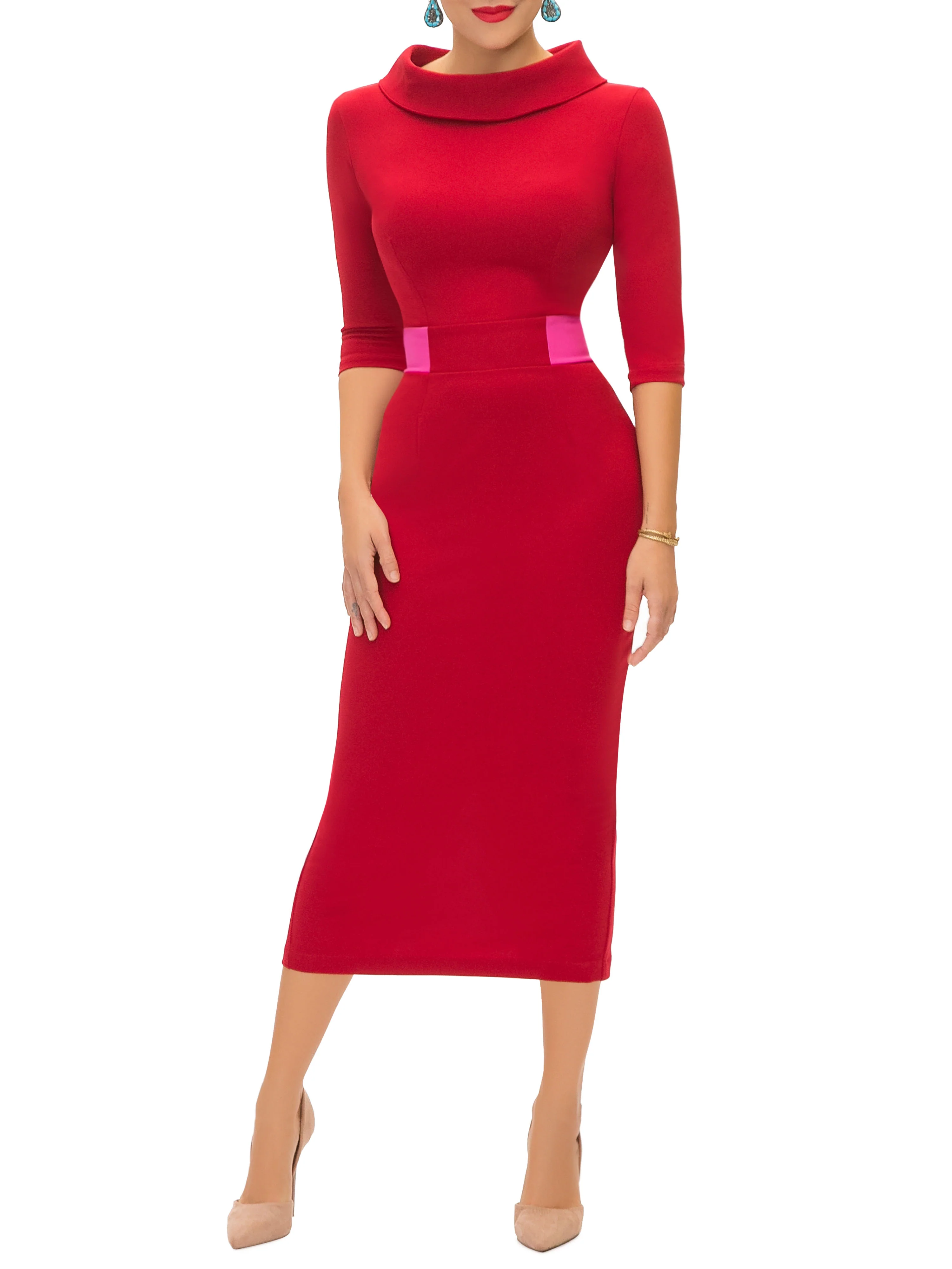 "Cynthia" Deep Red Contrast Waist Pencil Dress
