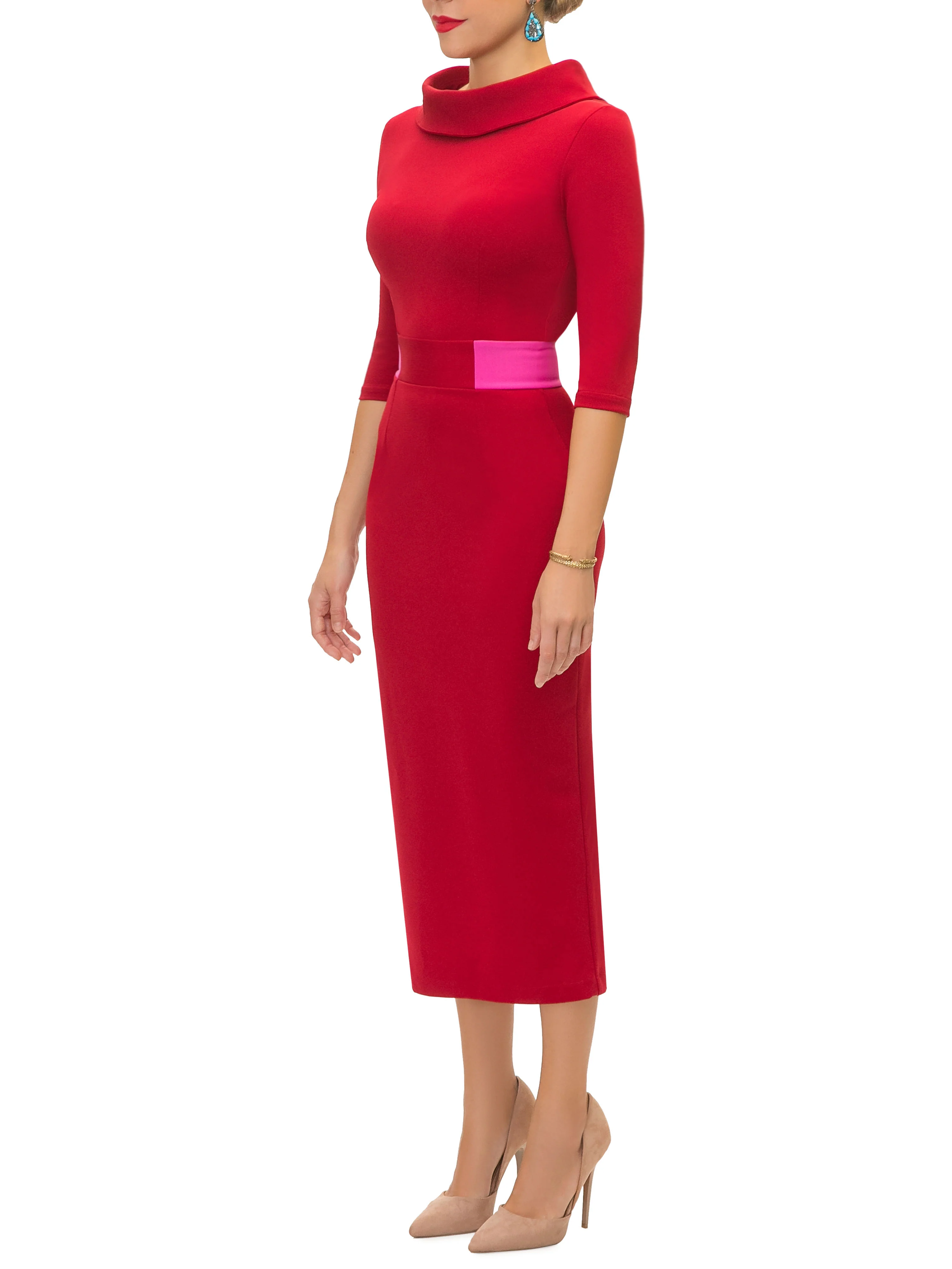 "Cynthia" Deep Red Contrast Waist Pencil Dress - Image 4