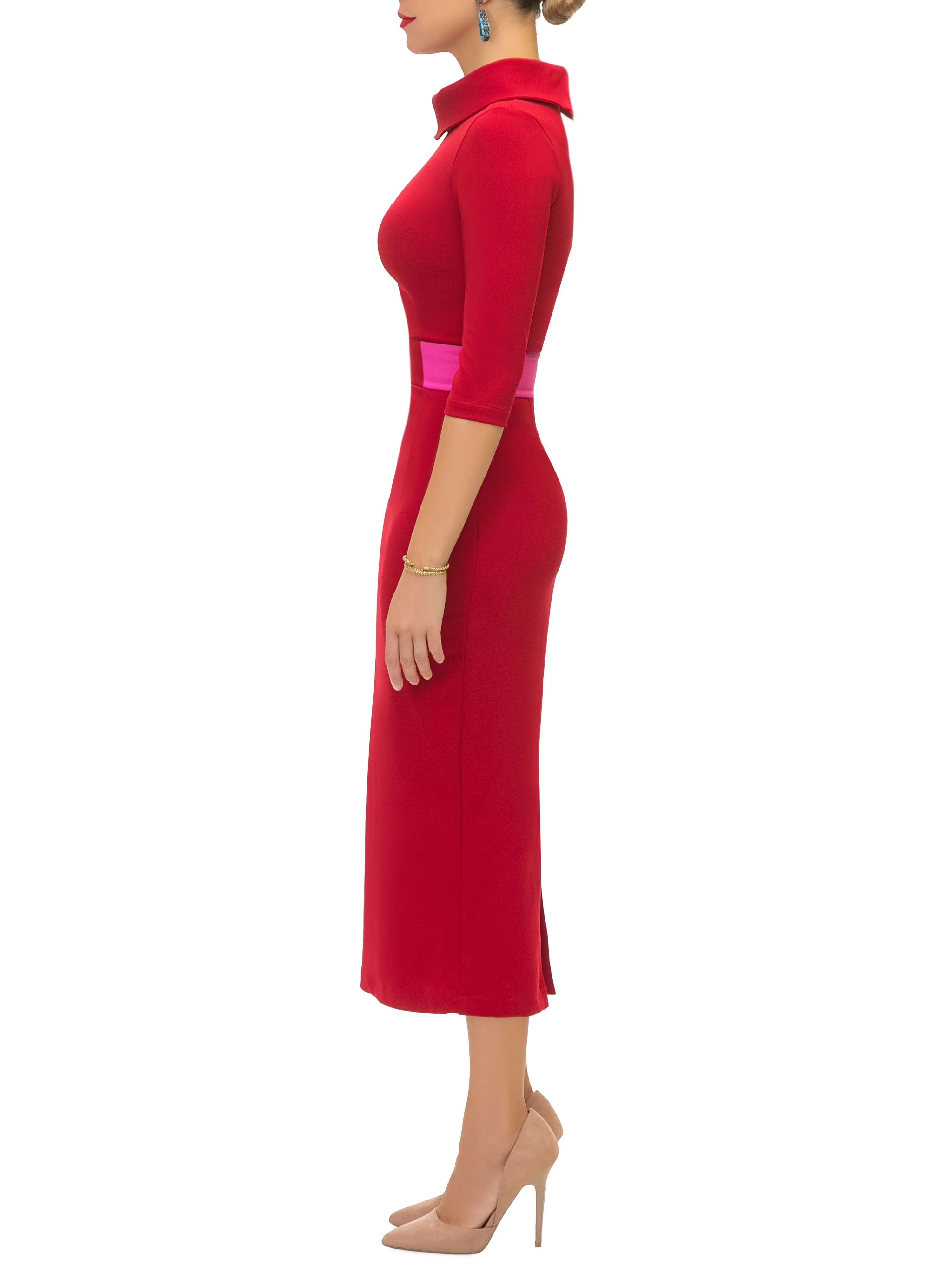 "Cynthia" Deep Red Contrast Waist Pencil Dress - Image 5